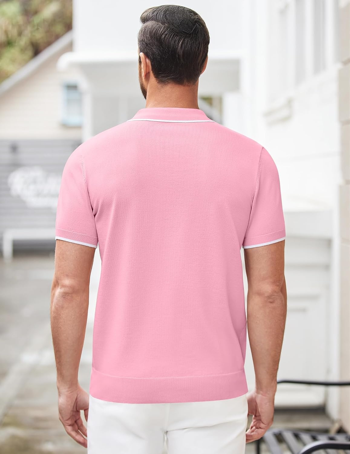 image:imageCOOFANDY Mens Zipper Polo Shirt Casual Knit Short Sleeve Polo Golf T ShirtBright Pink