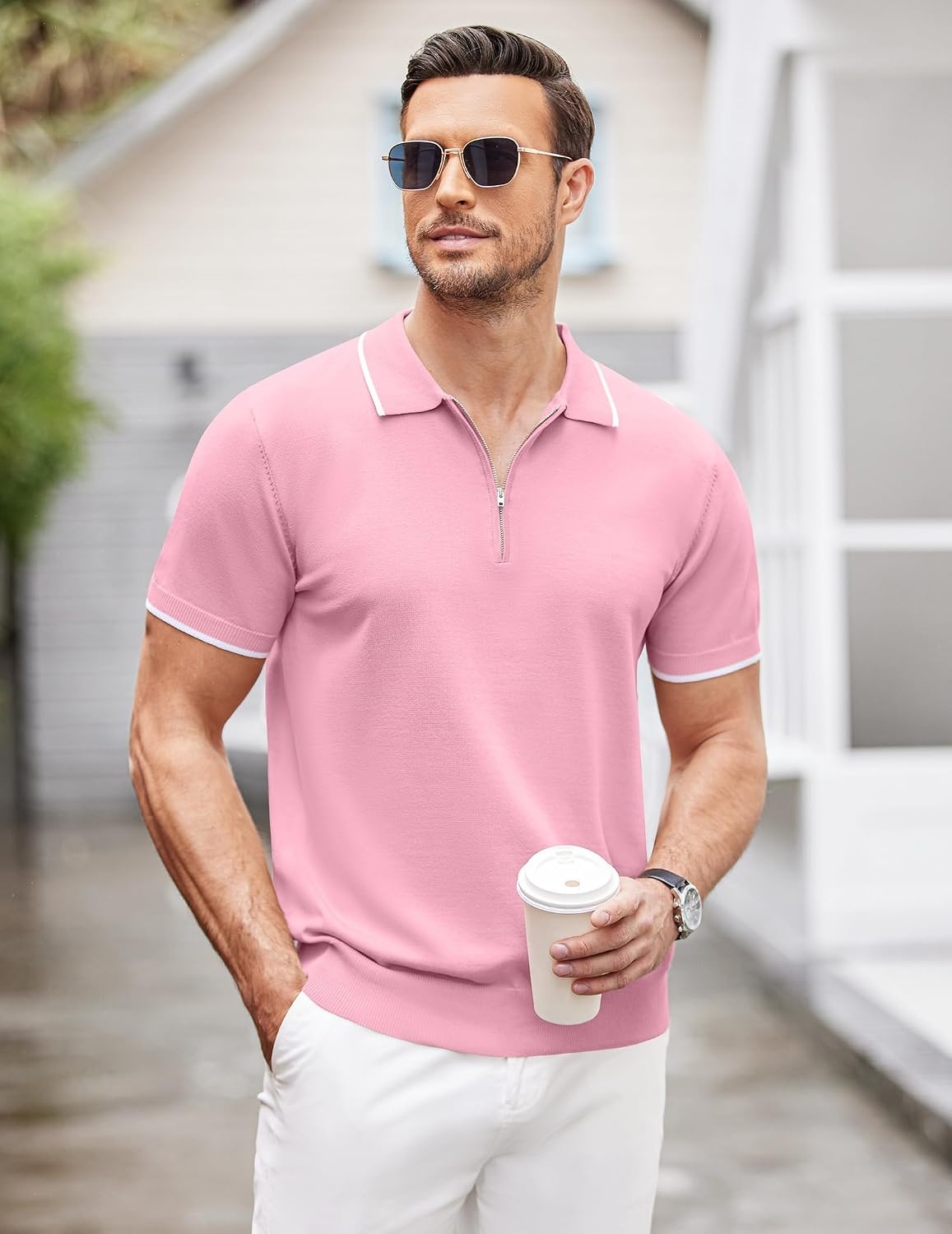 image:imageCOOFANDY Mens Zipper Polo Shirt Casual Knit Short Sleeve Polo Golf T ShirtBright Pink