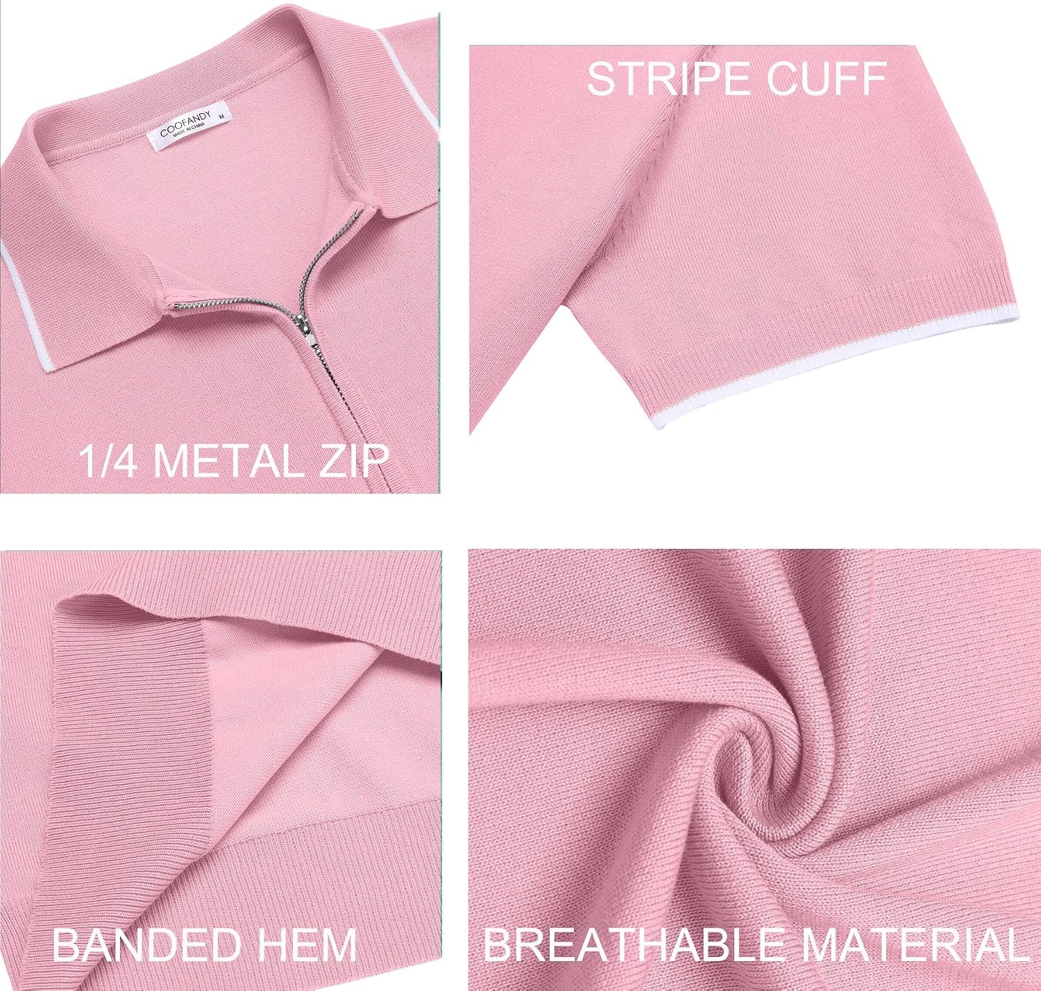 image:imageCOOFANDY Mens Zipper Polo Shirt Casual Knit Short Sleeve Polo Golf T ShirtBright Pink
