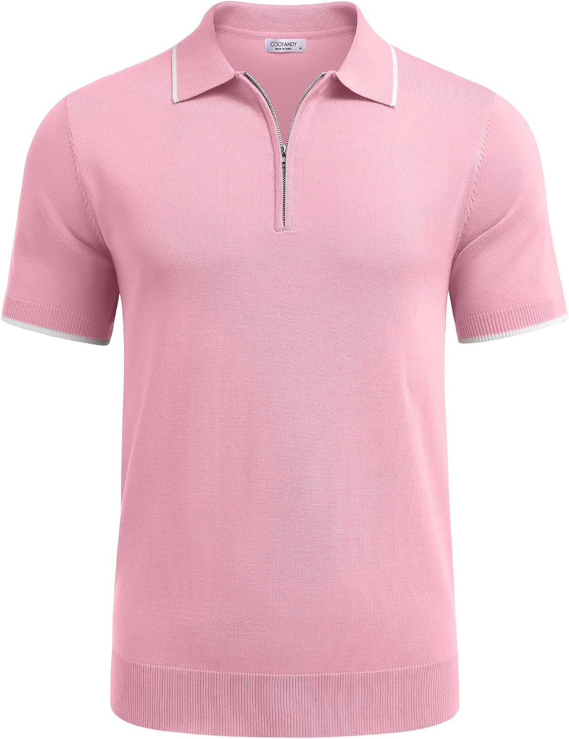 image:imageCOOFANDY Mens Zipper Polo Shirt Casual Knit Short Sleeve Polo Golf T ShirtBright Pink