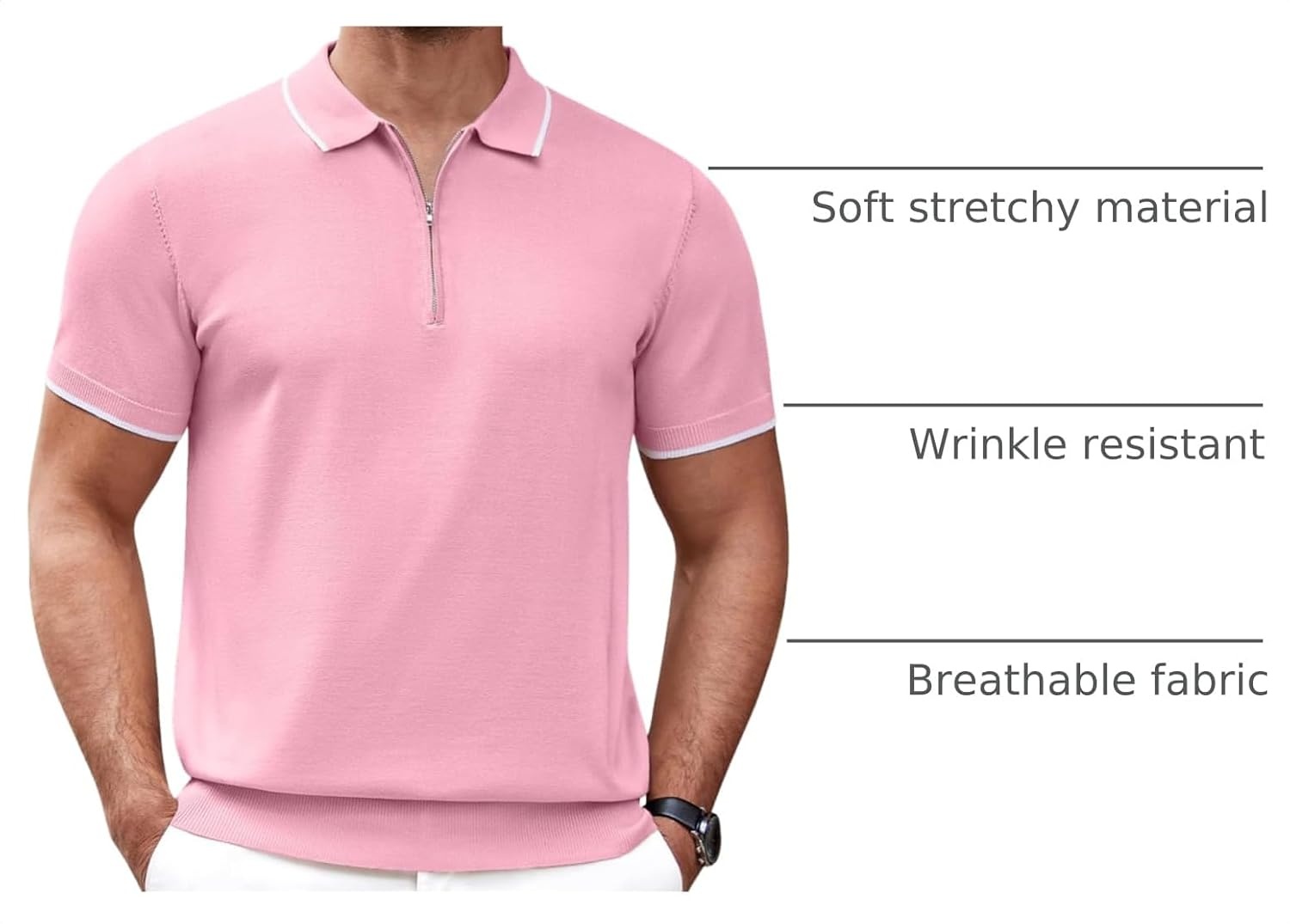 image:imageCOOFANDY Mens Zipper Polo Shirt Casual Knit Short Sleeve Polo Golf T ShirtBright Pink