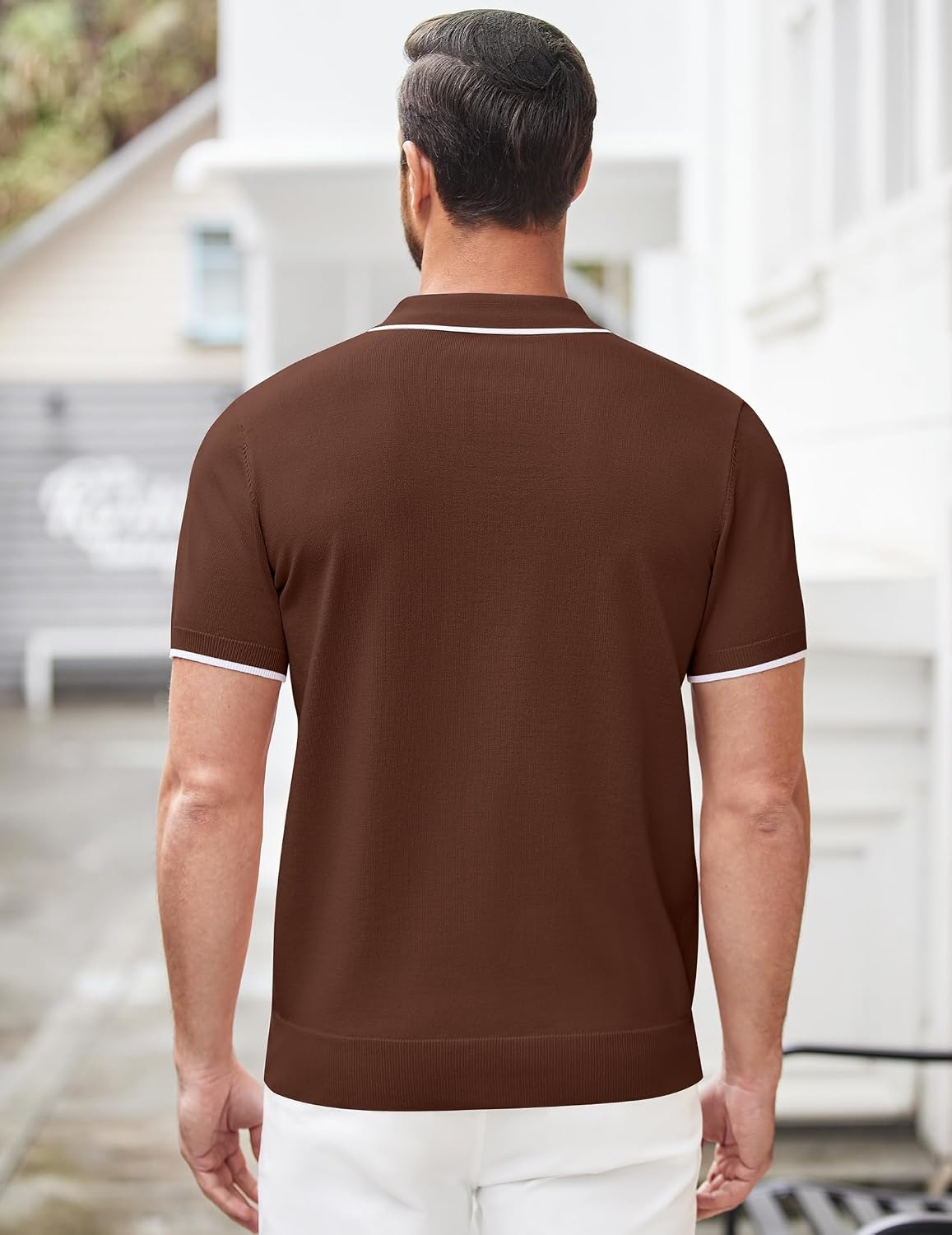 image:imageCOOFANDY Mens Zipper Polo Shirt Casual Knit Short Sleeve Polo Golf T ShirtBrown