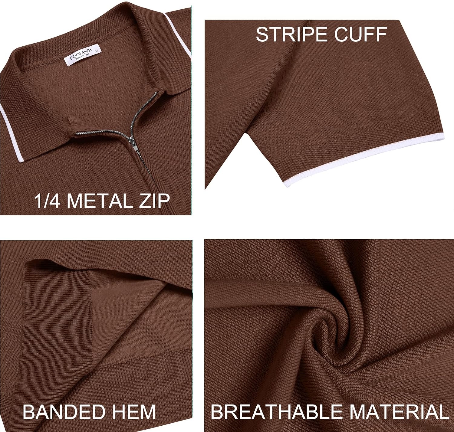image:imageCOOFANDY Mens Zipper Polo Shirt Casual Knit Short Sleeve Polo Golf T ShirtBrown