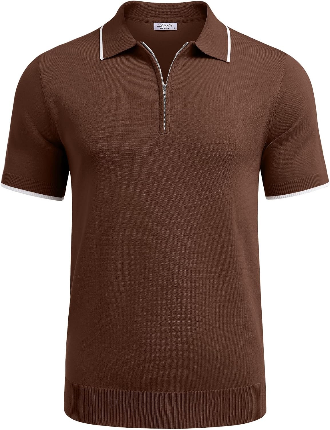 image:imageCOOFANDY Mens Zipper Polo Shirt Casual Knit Short Sleeve Polo Golf T ShirtBrown