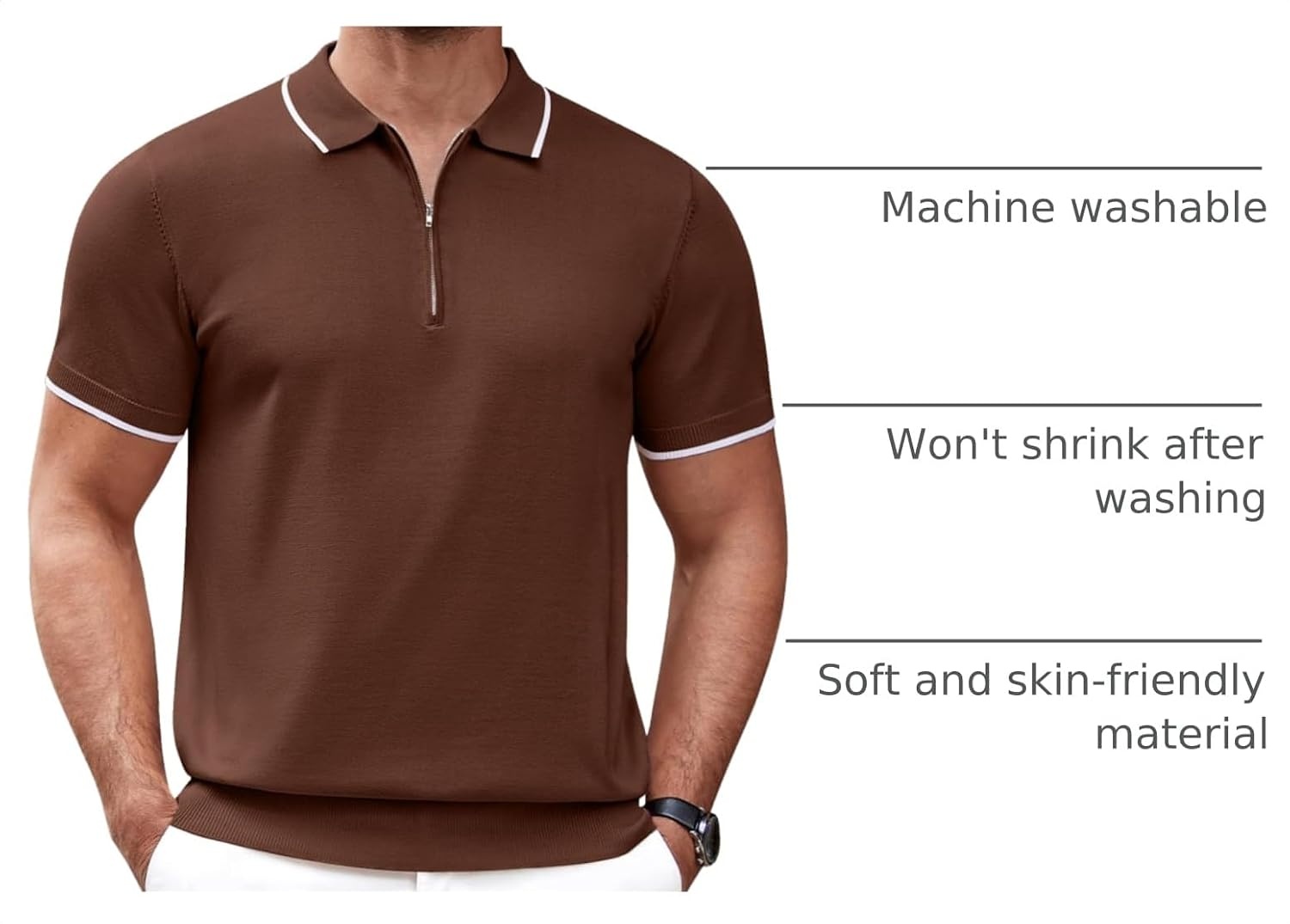 image:imageCOOFANDY Mens Zipper Polo Shirt Casual Knit Short Sleeve Polo Golf T ShirtBrown