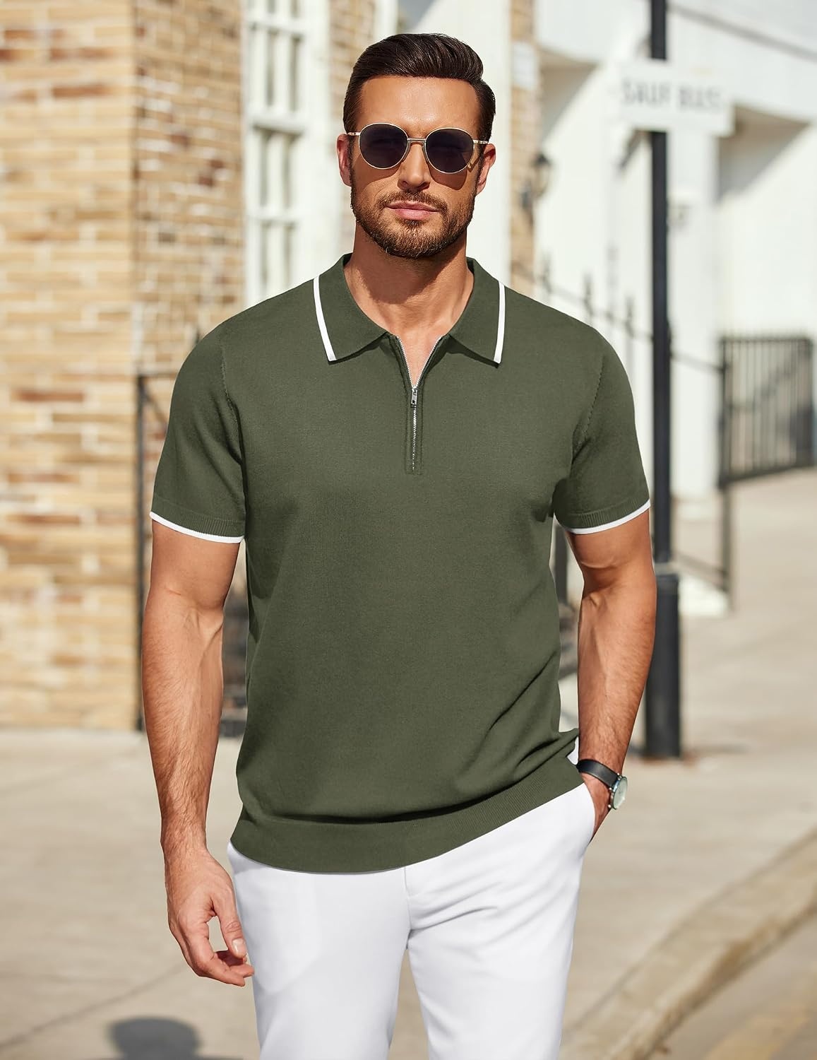 image:imageCOOFANDY Mens Zipper Polo Shirt Casual Knit Short Sleeve Polo Golf T ShirtEarmy Green
