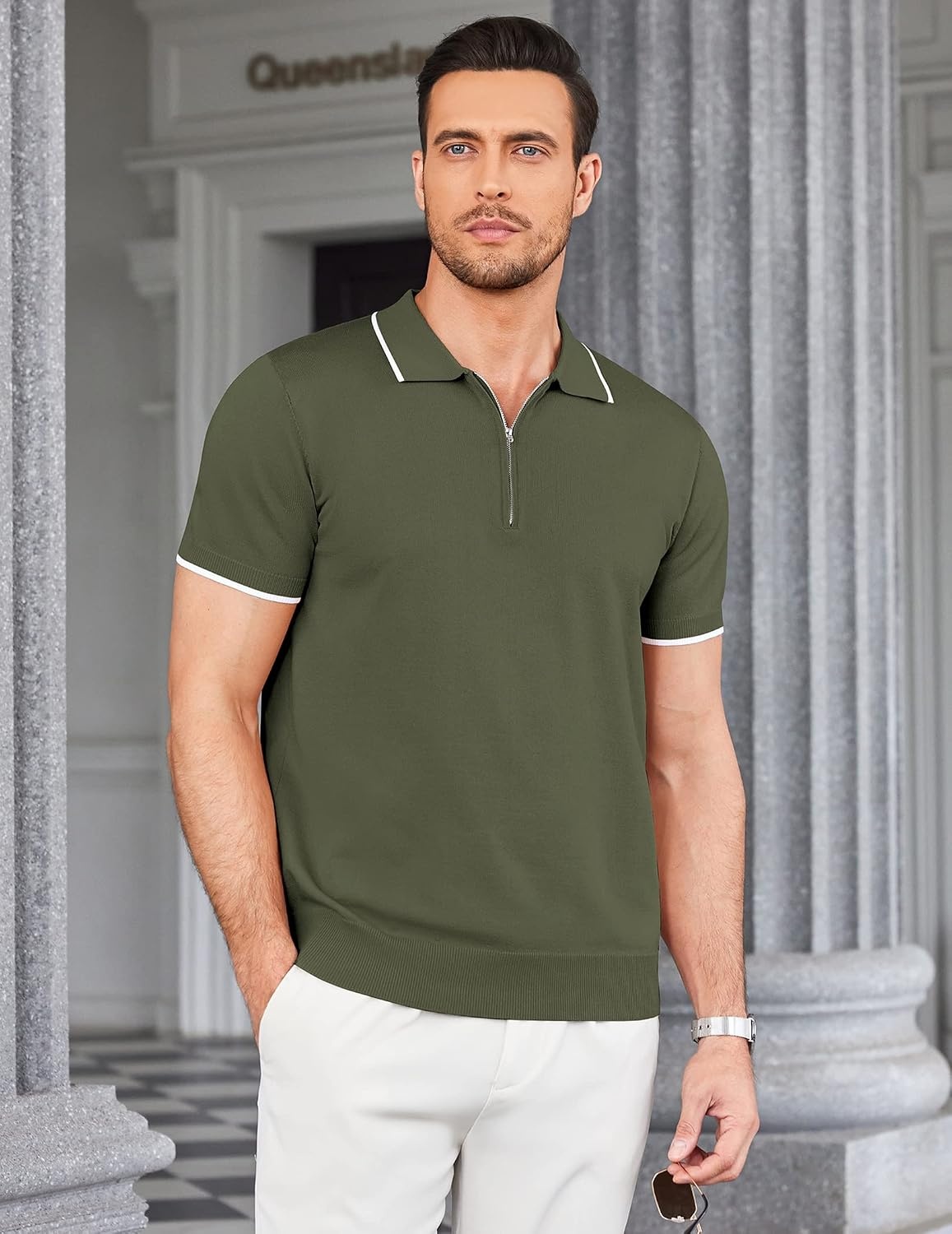 image:imageCOOFANDY Mens Zipper Polo Shirt Casual Knit Short Sleeve Polo Golf T ShirtEarmy Green