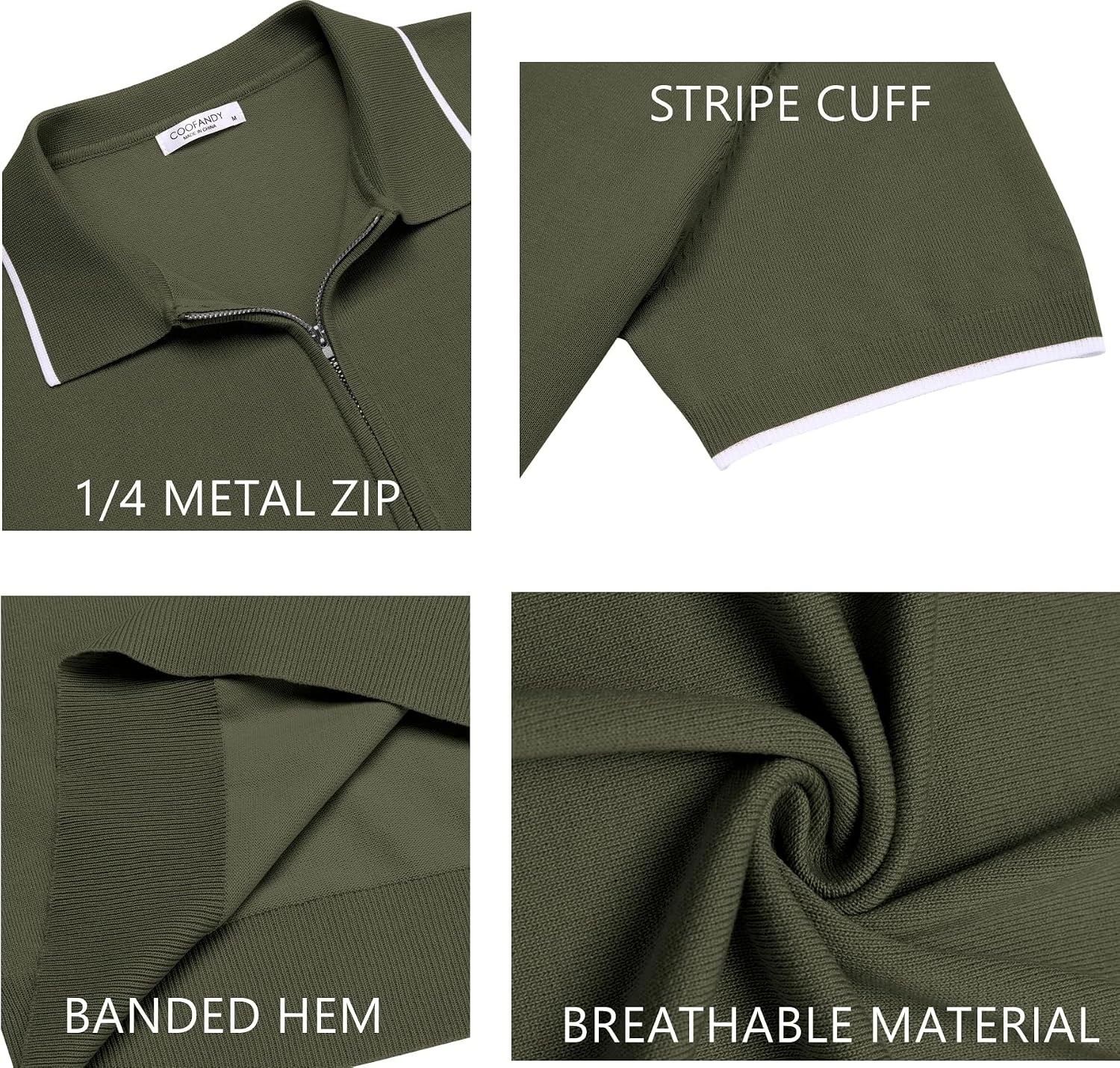 image:imageCOOFANDY Mens Zipper Polo Shirt Casual Knit Short Sleeve Polo Golf T ShirtEarmy Green