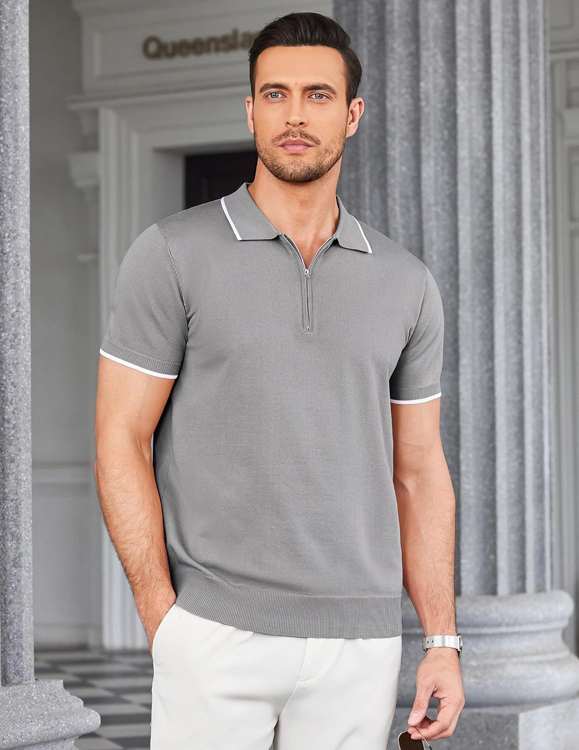 image:imageCOOFANDY Mens Zipper Polo Shirt Casual Knit Short Sleeve Polo Golf T ShirtGray