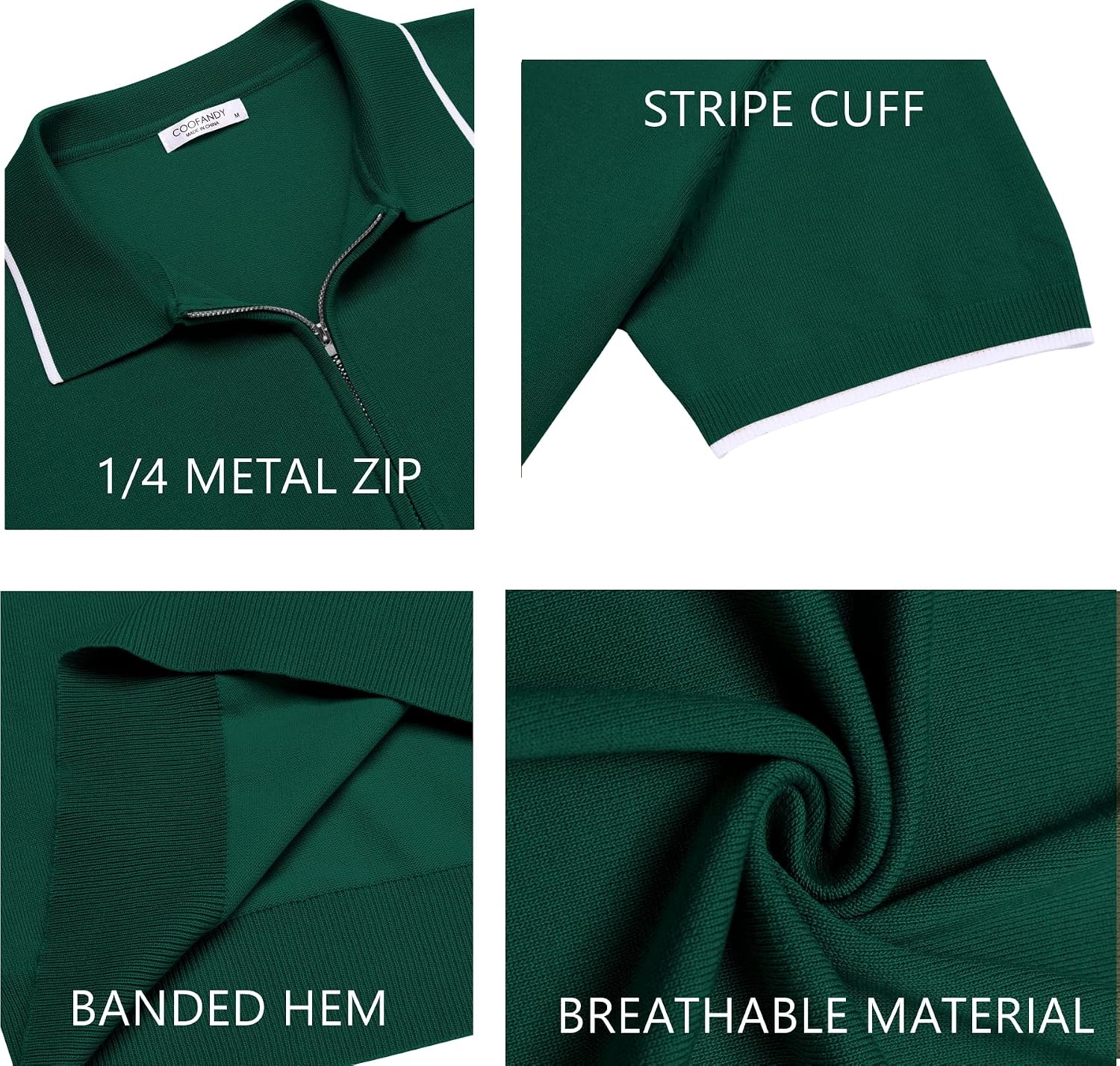 image:imageCOOFANDY Mens Zipper Polo Shirt Casual Knit Short Sleeve Polo Golf T ShirtGreen