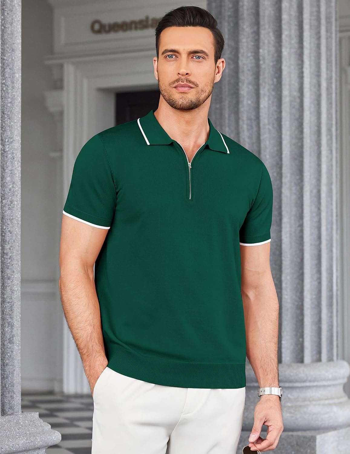 image:imageCOOFANDY Mens Zipper Polo Shirt Casual Knit Short Sleeve Polo Golf T ShirtGreen