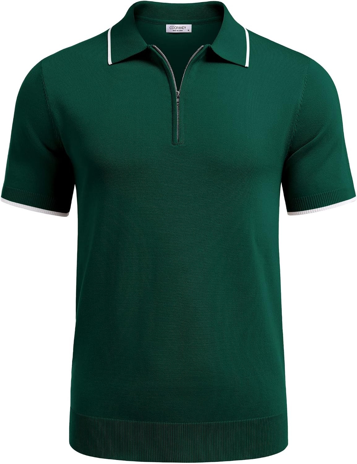 image:imageCOOFANDY Mens Zipper Polo Shirt Casual Knit Short Sleeve Polo Golf T ShirtGreen