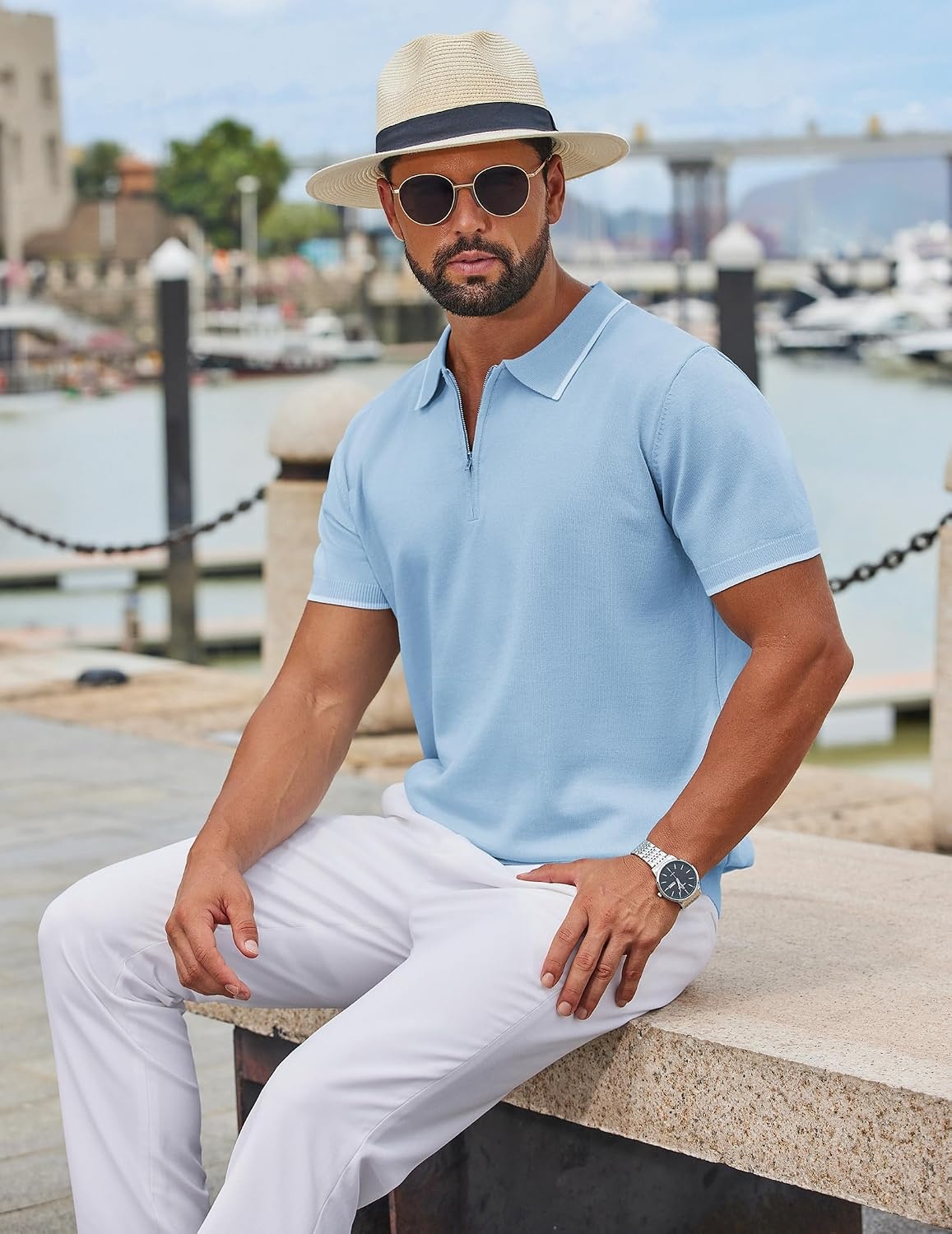 image:imageCOOFANDY Mens Zipper Polo Shirt Casual Knit Short Sleeve Polo Golf T ShirtLight Blue