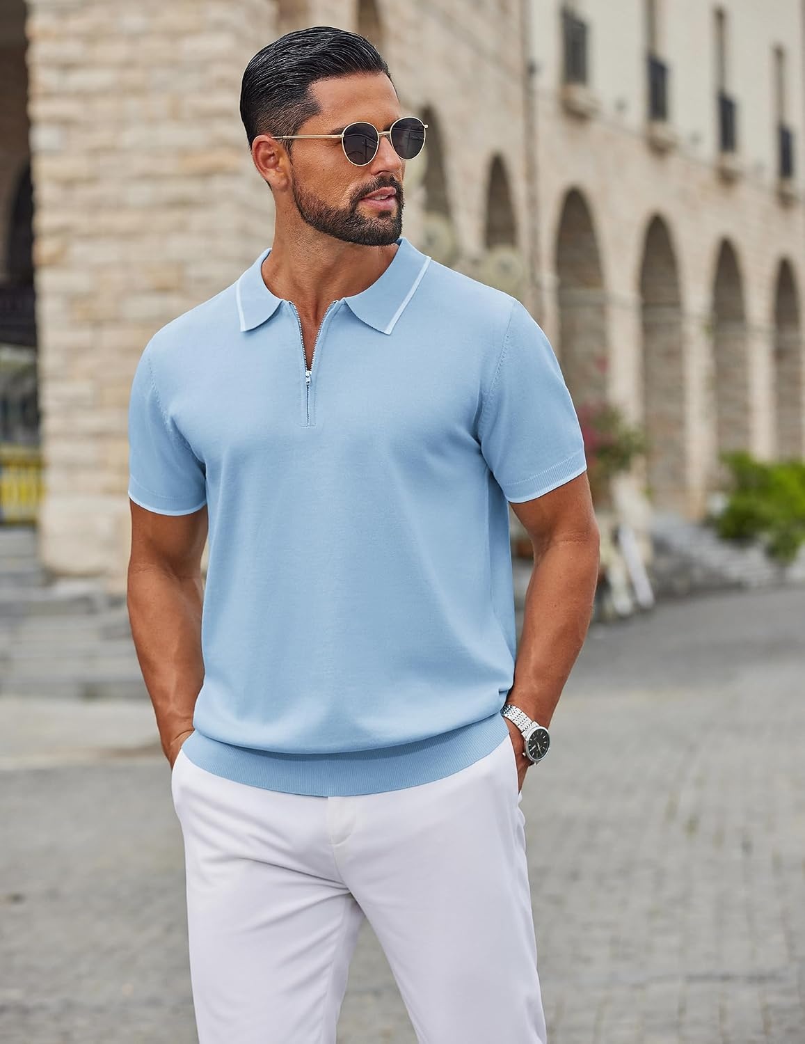 image:imageCOOFANDY Mens Zipper Polo Shirt Casual Knit Short Sleeve Polo Golf T ShirtLight Blue