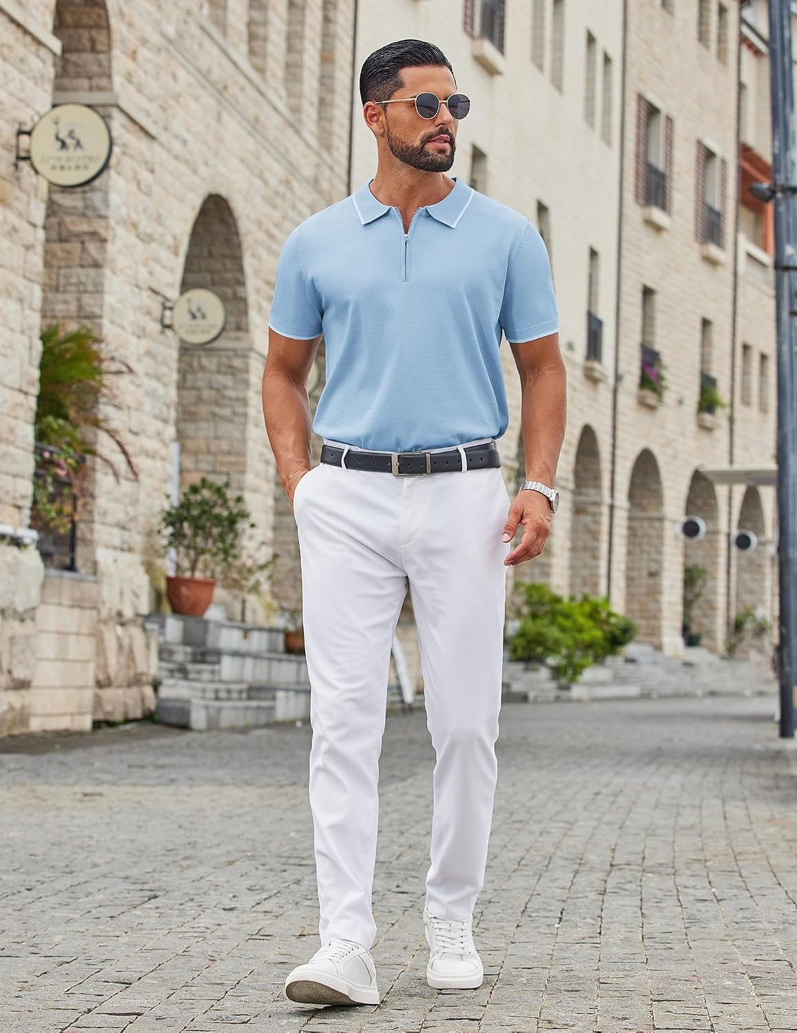 image:imageCOOFANDY Mens Zipper Polo Shirt Casual Knit Short Sleeve Polo Golf T ShirtLight Blue