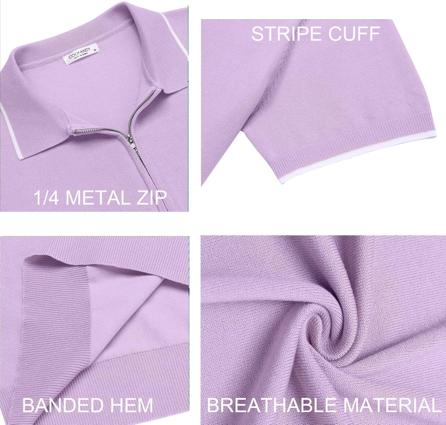image:imageCOOFANDY Mens Zipper Polo Shirt Casual Knit Short Sleeve Polo Golf T ShirtLight Purple
