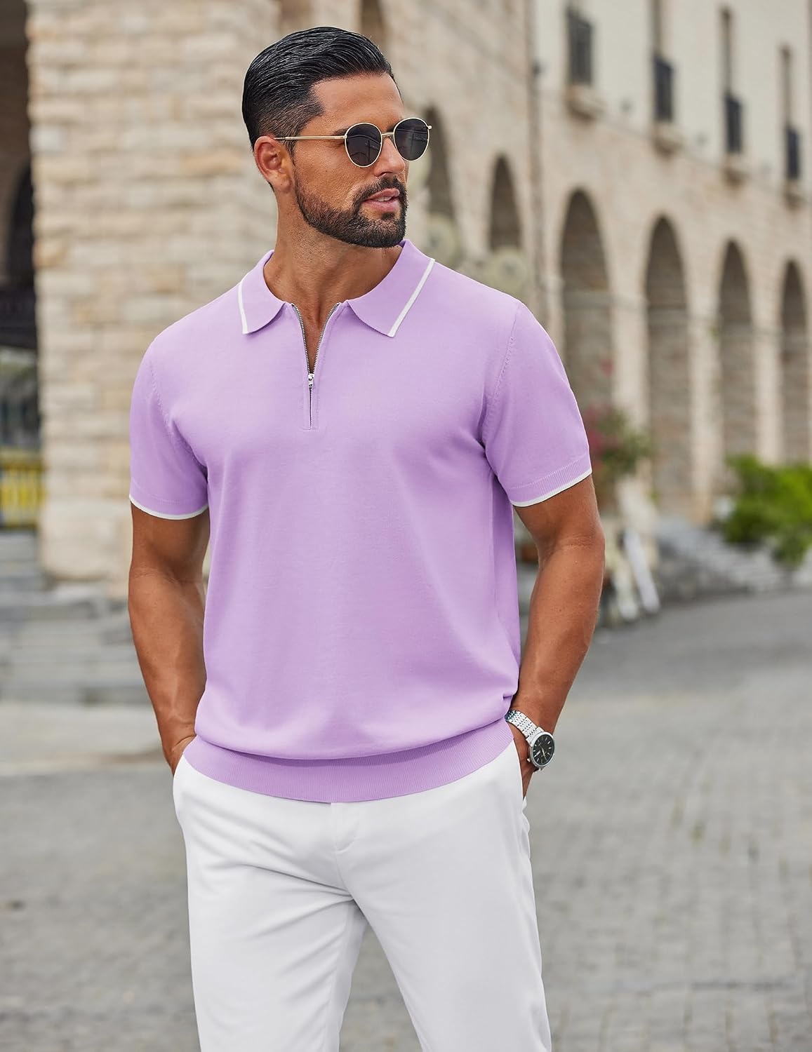 image:imageCOOFANDY Mens Zipper Polo Shirt Casual Knit Short Sleeve Polo Golf T ShirtLight Purple