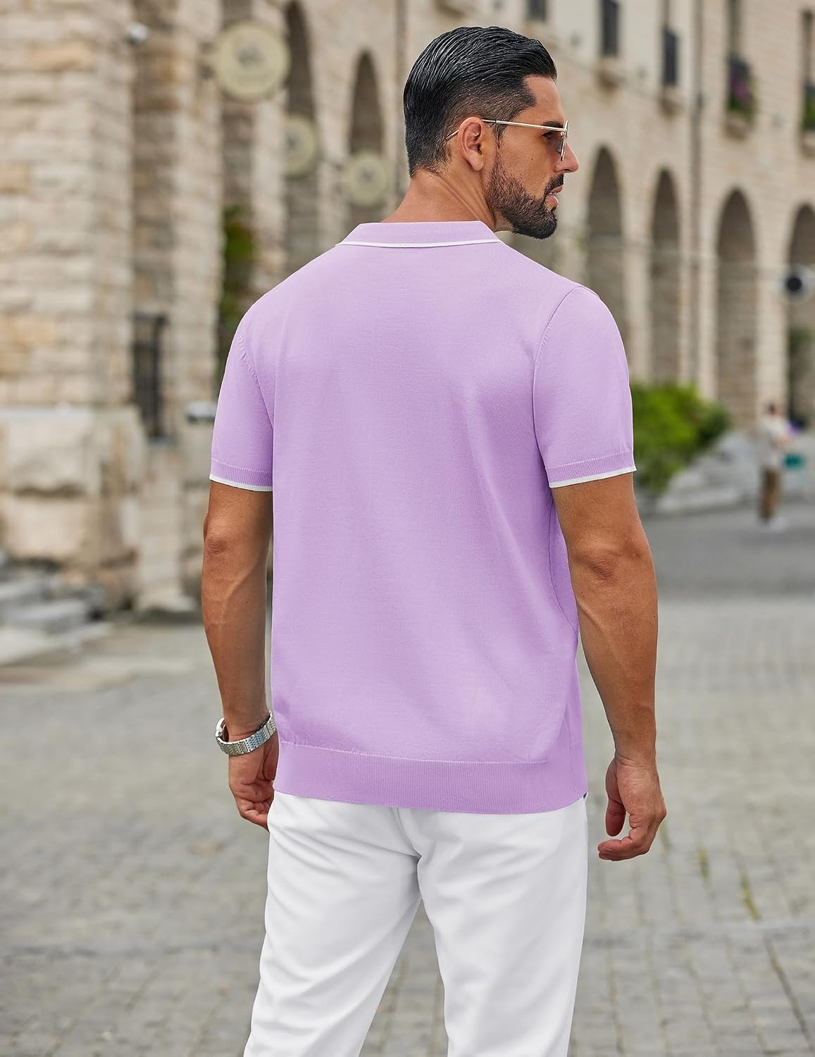 image:imageCOOFANDY Mens Zipper Polo Shirt Casual Knit Short Sleeve Polo Golf T ShirtLight Purple