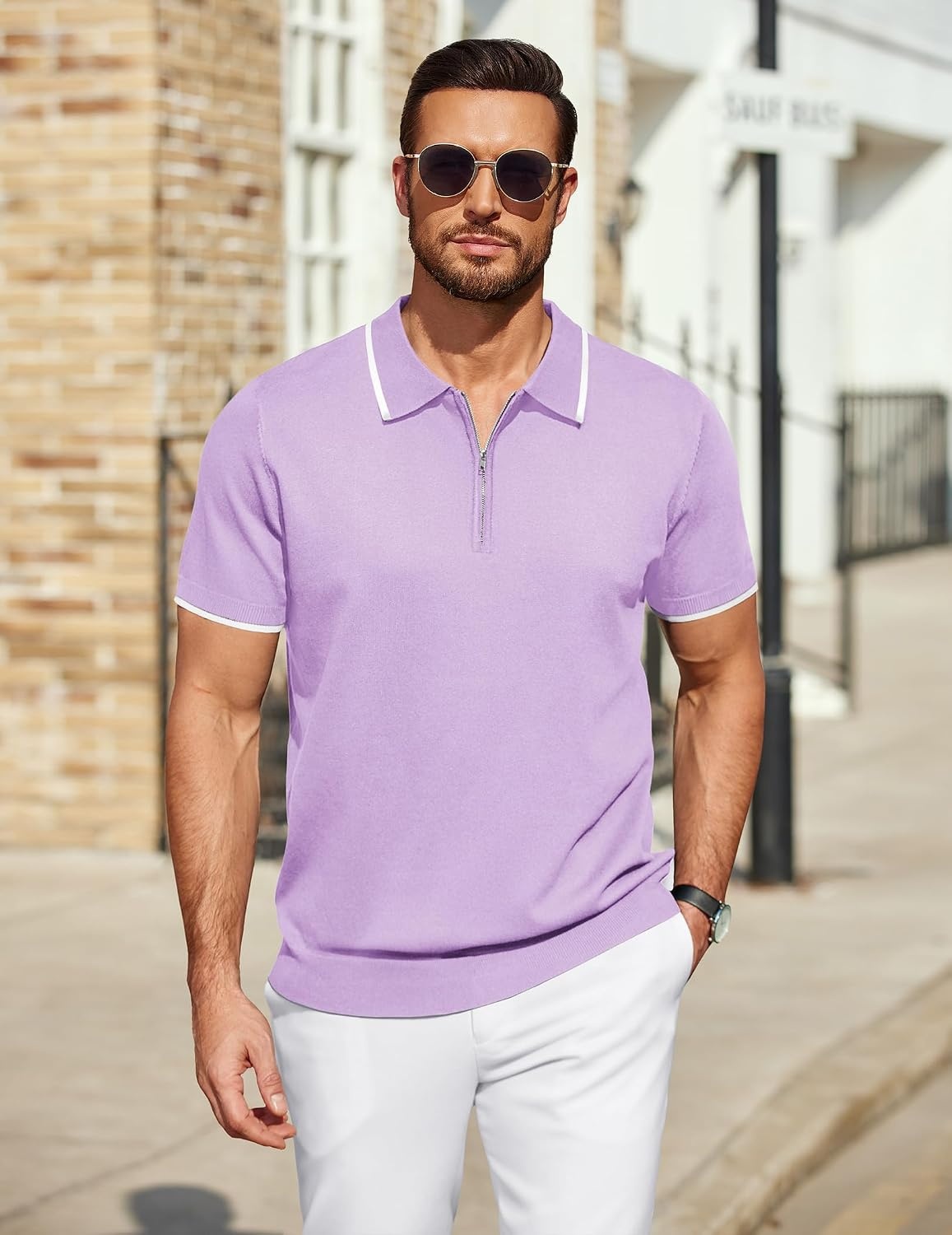 image:imageCOOFANDY Mens Zipper Polo Shirt Casual Knit Short Sleeve Polo Golf T ShirtLight Purple