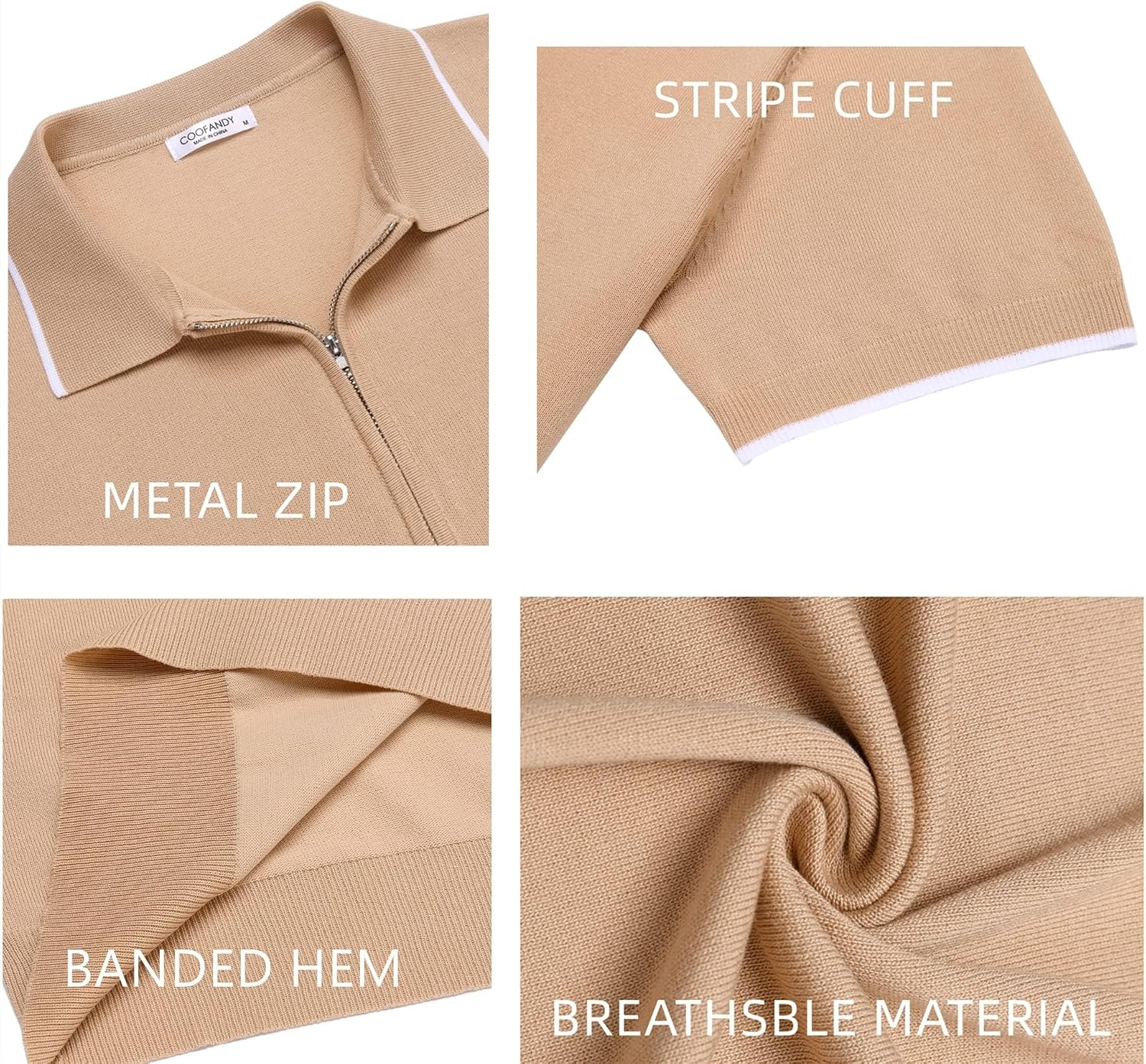 image:imageCOOFANDY Mens Zipper Polo Shirt Casual Knit Short Sleeve Polo Golf T ShirtLight Tan