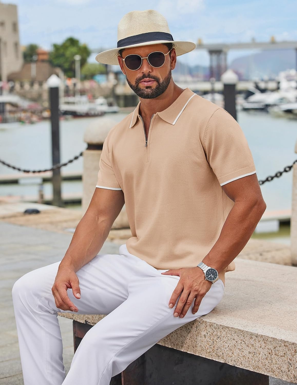 image:imageCOOFANDY Mens Zipper Polo Shirt Casual Knit Short Sleeve Polo Golf T ShirtLight Tan