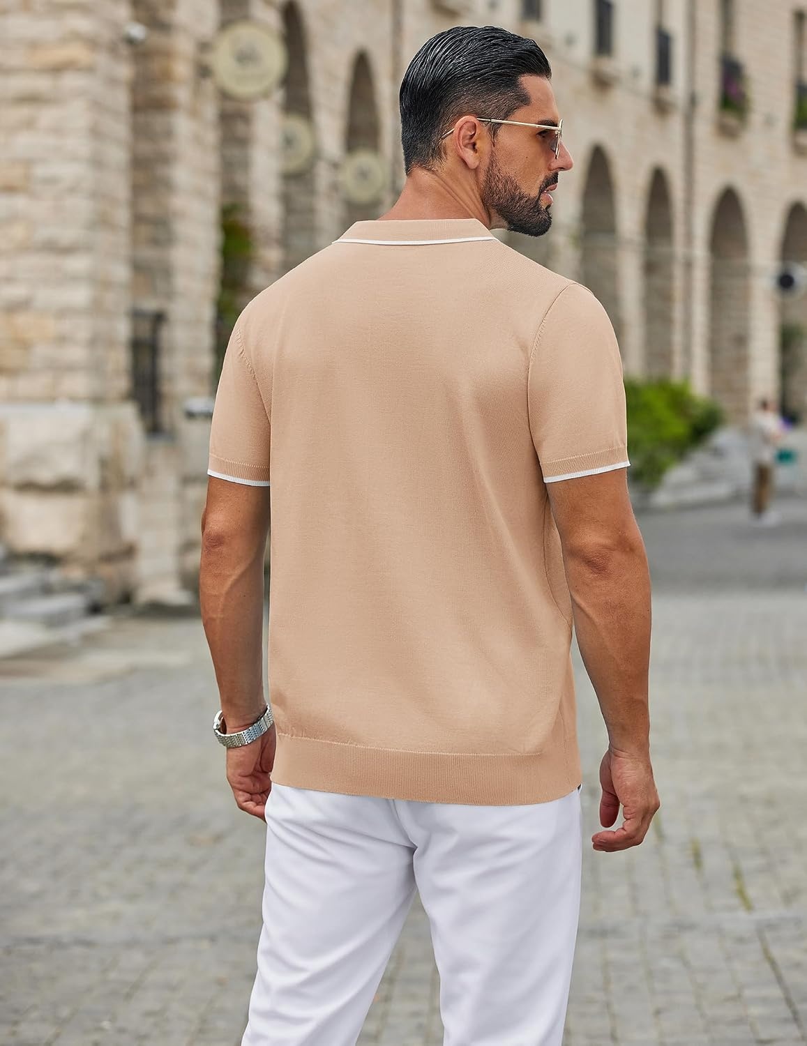 image:imageCOOFANDY Mens Zipper Polo Shirt Casual Knit Short Sleeve Polo Golf T ShirtLight Tan