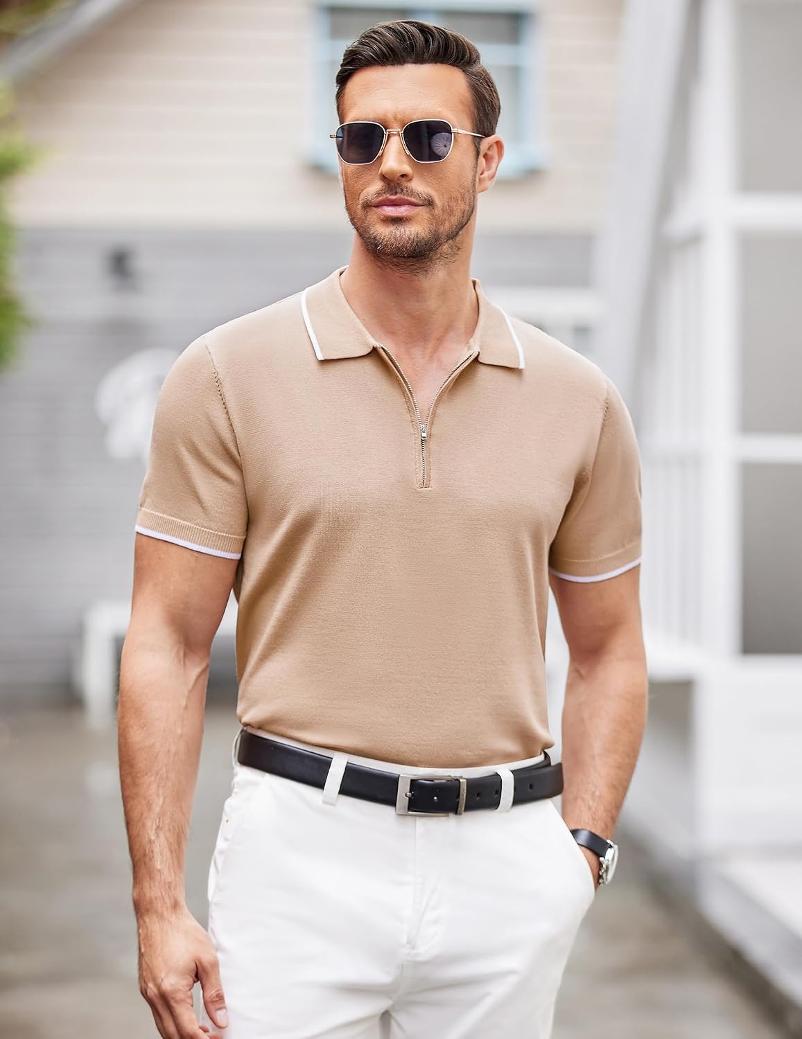 image:imageCOOFANDY Mens Zipper Polo Shirt Casual Knit Short Sleeve Polo Golf T ShirtLight Tan