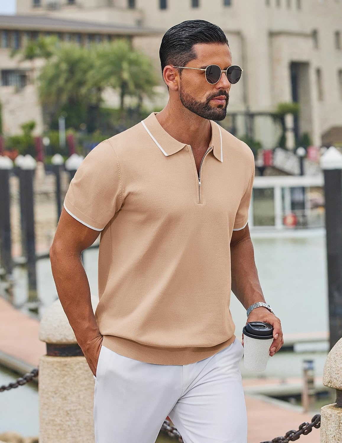 image:imageCOOFANDY Mens Zipper Polo Shirt Casual Knit Short Sleeve Polo Golf T ShirtLight Tan