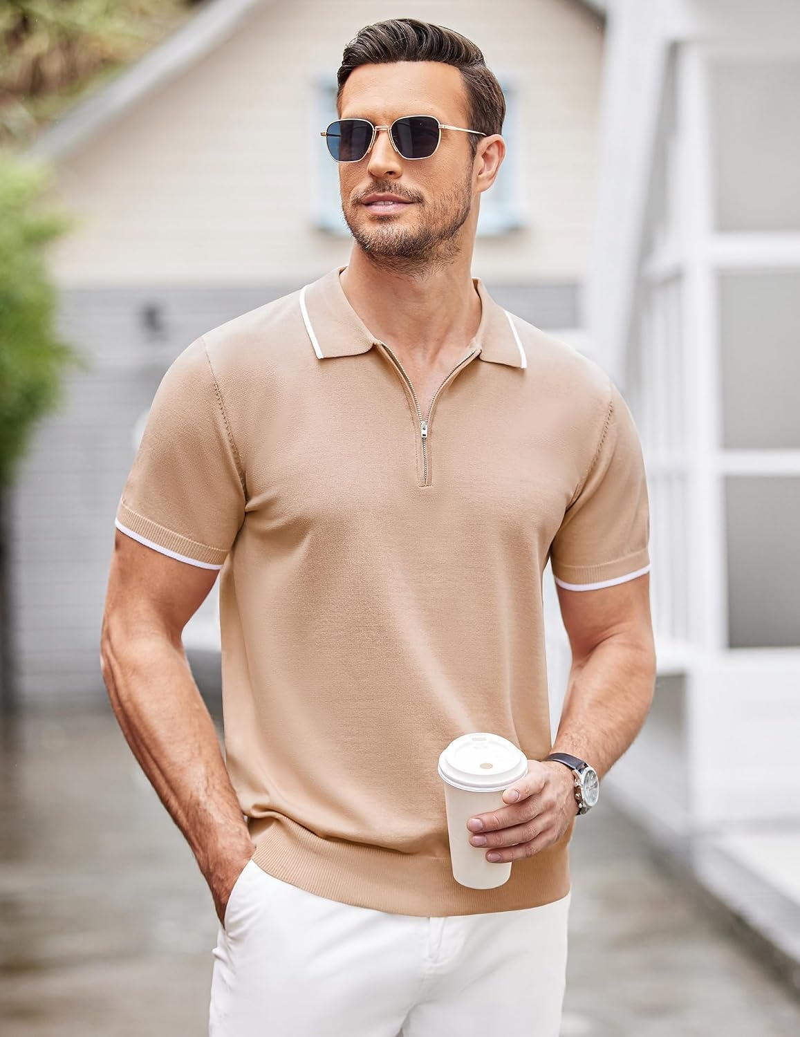 image:imageCOOFANDY Mens Zipper Polo Shirt Casual Knit Short Sleeve Polo Golf T ShirtLight Tan