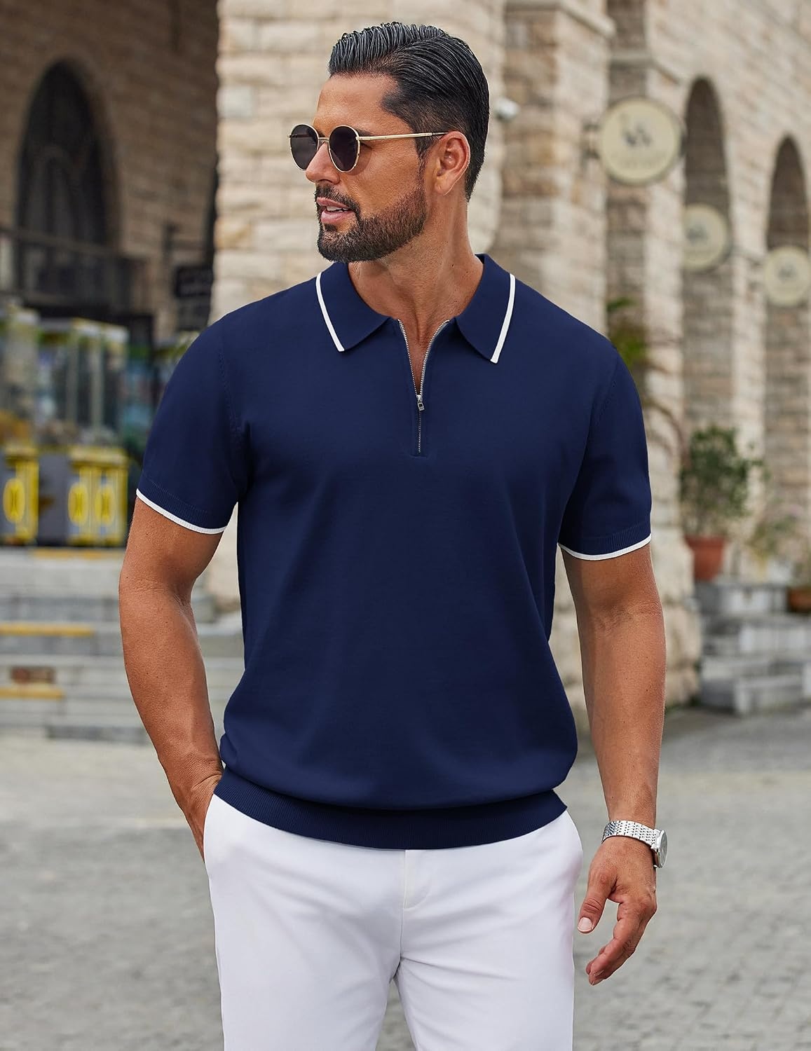 image:imageCOOFANDY Mens Zipper Polo Shirt Casual Knit Short Sleeve Polo Golf T ShirtNavy Blue
