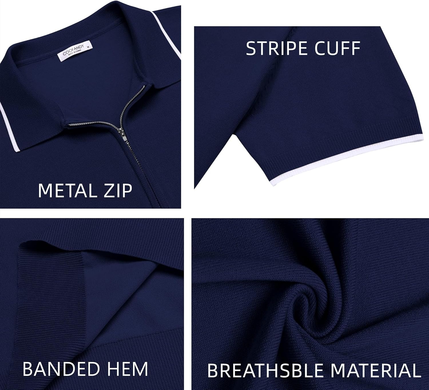 image:imageCOOFANDY Mens Zipper Polo Shirt Casual Knit Short Sleeve Polo Golf T ShirtNavy Blue