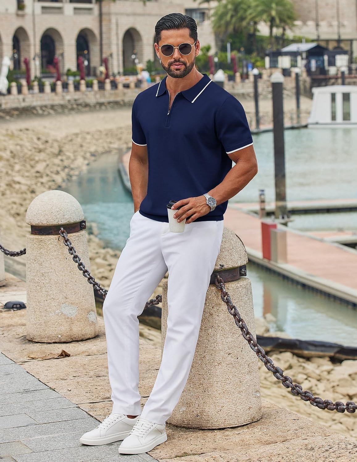 image:imageCOOFANDY Mens Zipper Polo Shirt Casual Knit Short Sleeve Polo Golf T ShirtNavy Blue