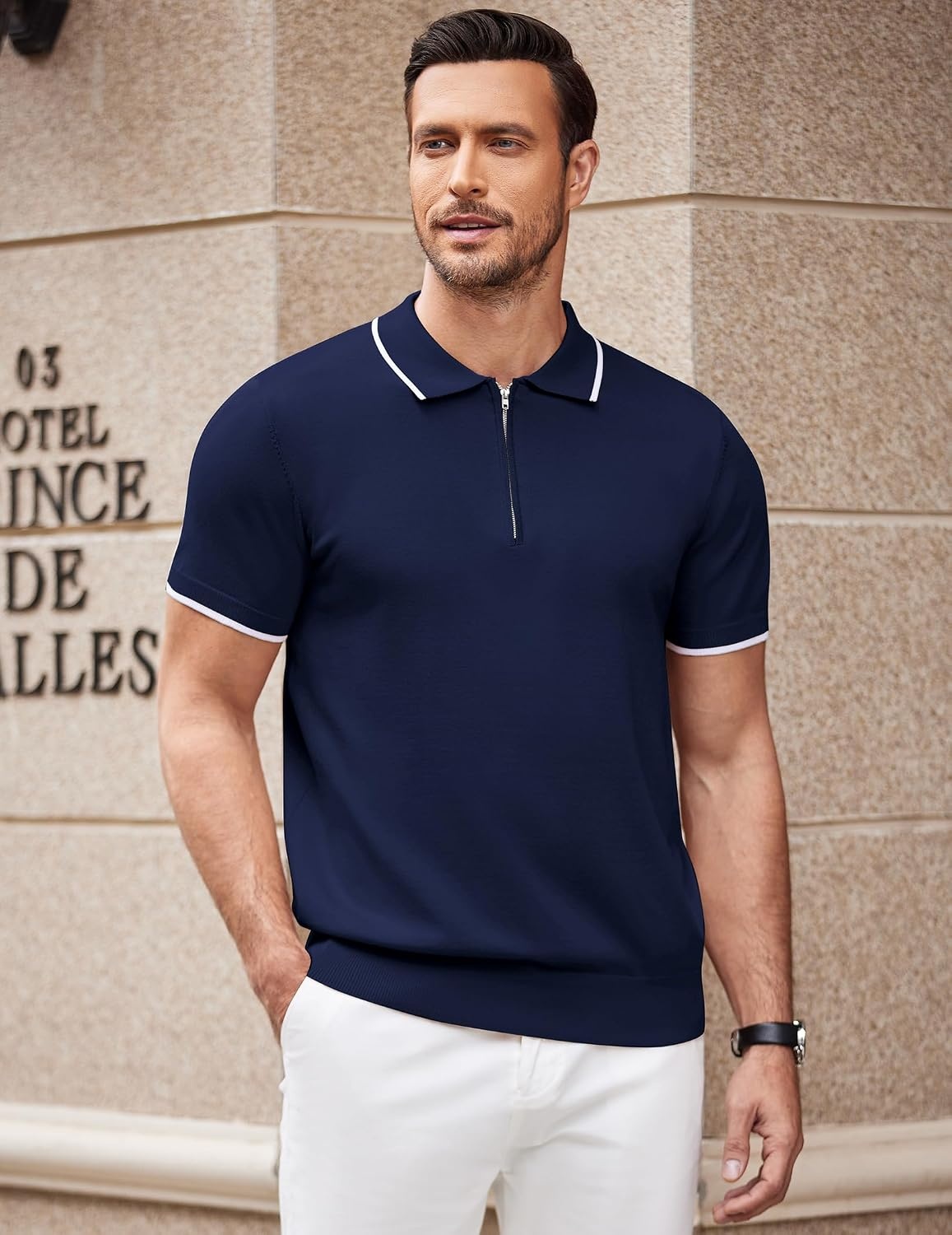 image:imageCOOFANDY Mens Zipper Polo Shirt Casual Knit Short Sleeve Polo Golf T ShirtNavy Blue