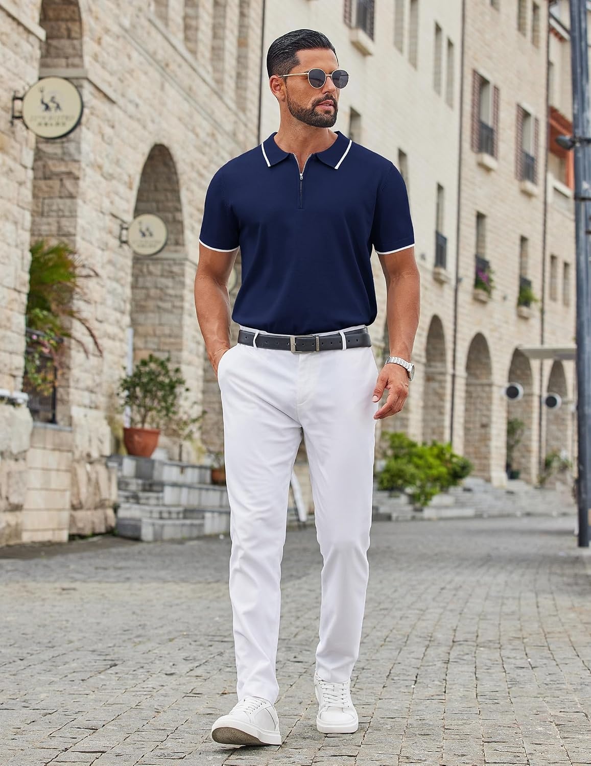 image:imageCOOFANDY Mens Zipper Polo Shirt Casual Knit Short Sleeve Polo Golf T ShirtNavy Blue