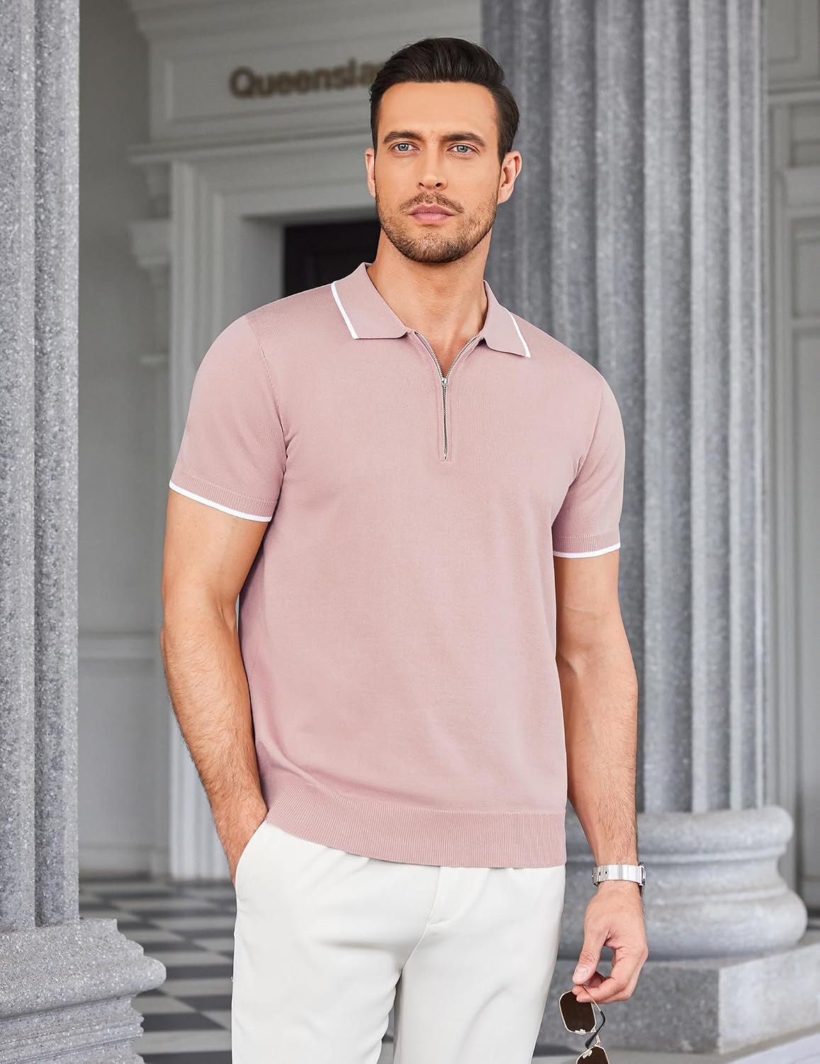 image:imageCOOFANDY Mens Zipper Polo Shirt Casual Knit Short Sleeve Polo Golf T ShirtPinknew