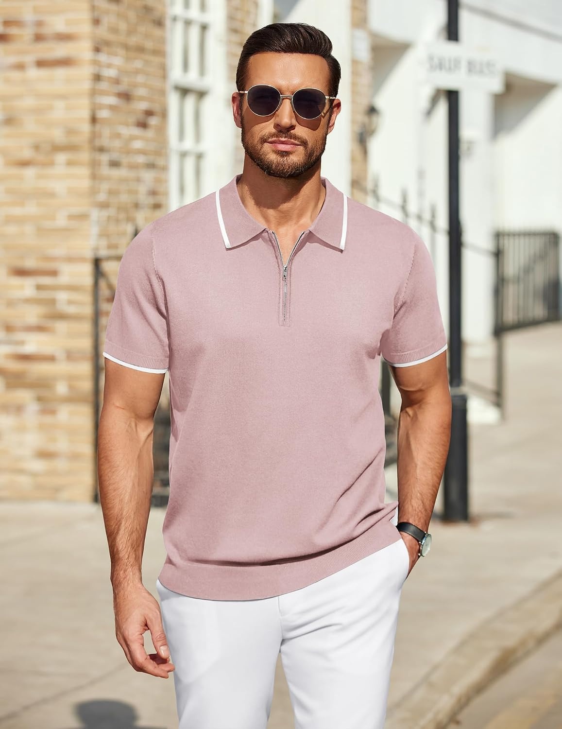 image:imageCOOFANDY Mens Zipper Polo Shirt Casual Knit Short Sleeve Polo Golf T ShirtPinknew
