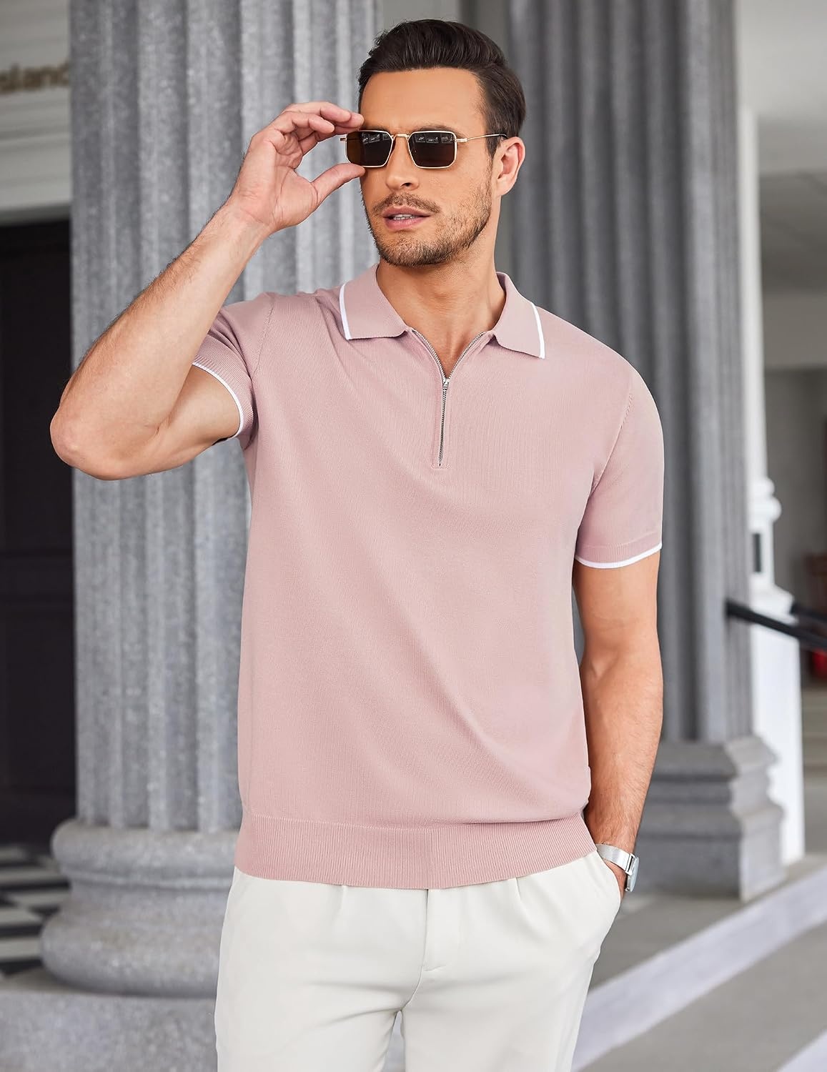 image:imageCOOFANDY Mens Zipper Polo Shirt Casual Knit Short Sleeve Polo Golf T ShirtPinknew