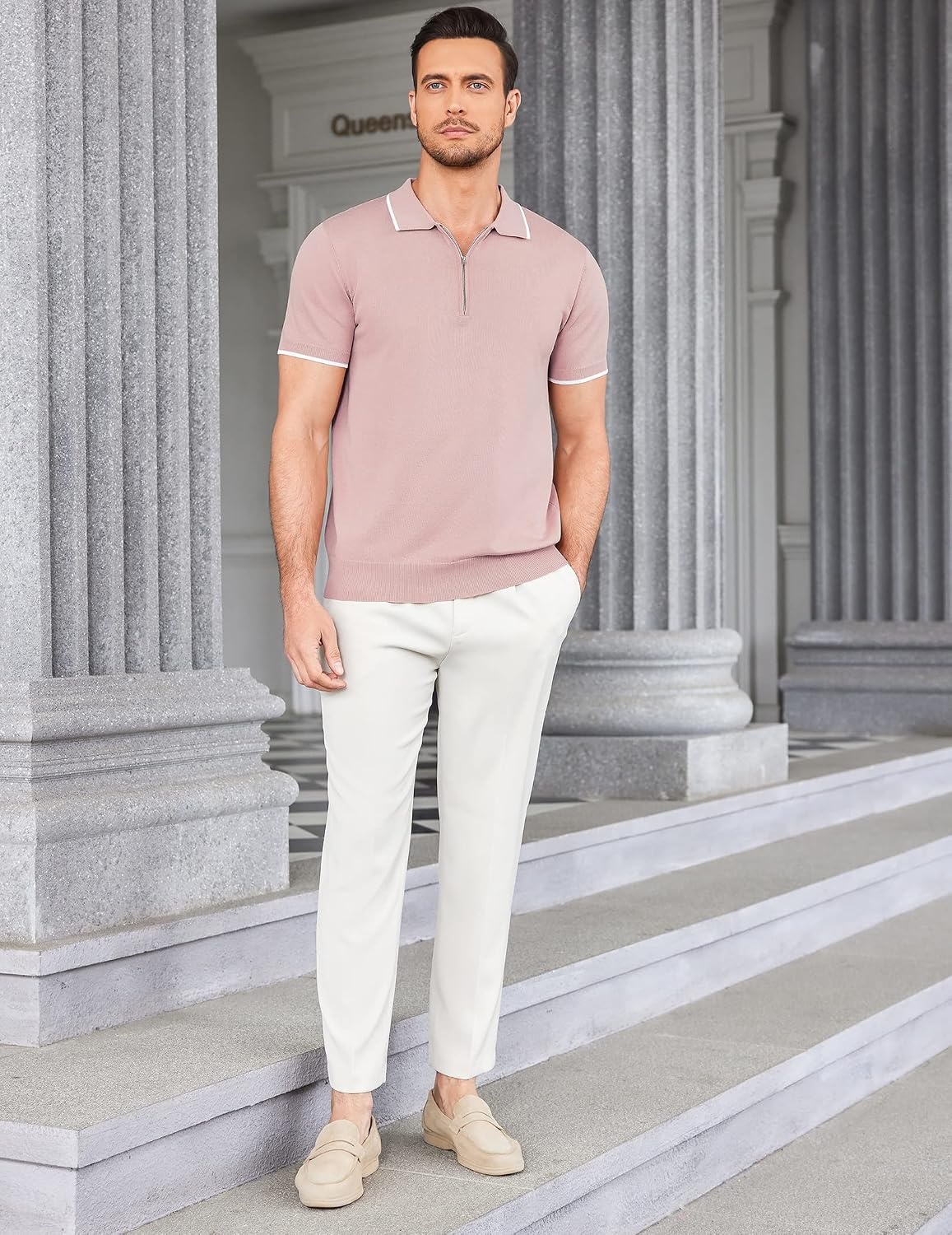 image:imageCOOFANDY Mens Zipper Polo Shirt Casual Knit Short Sleeve Polo Golf T ShirtPinknew