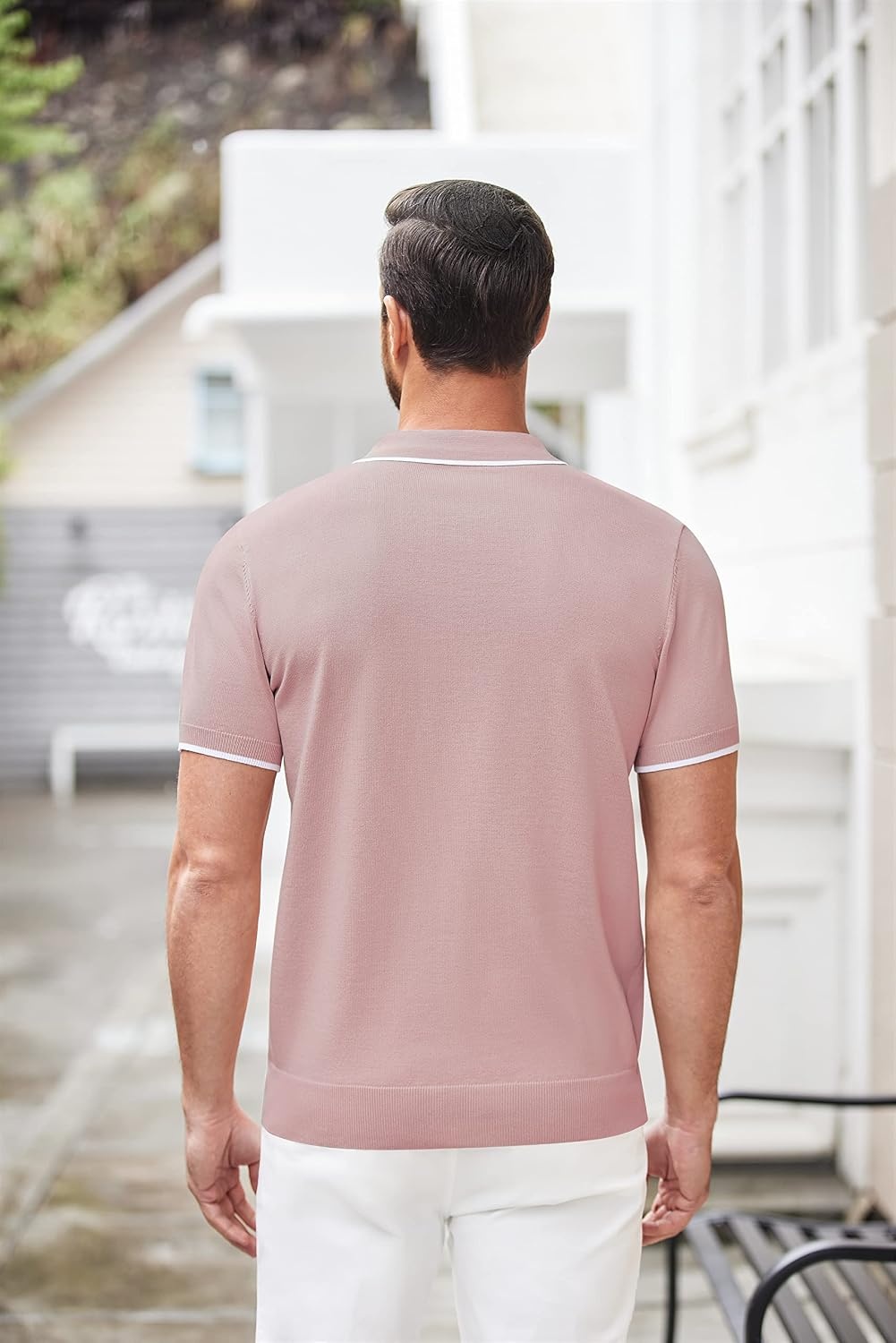 image:imageCOOFANDY Mens Zipper Polo Shirt Casual Knit Short Sleeve Polo Golf T ShirtPinknew