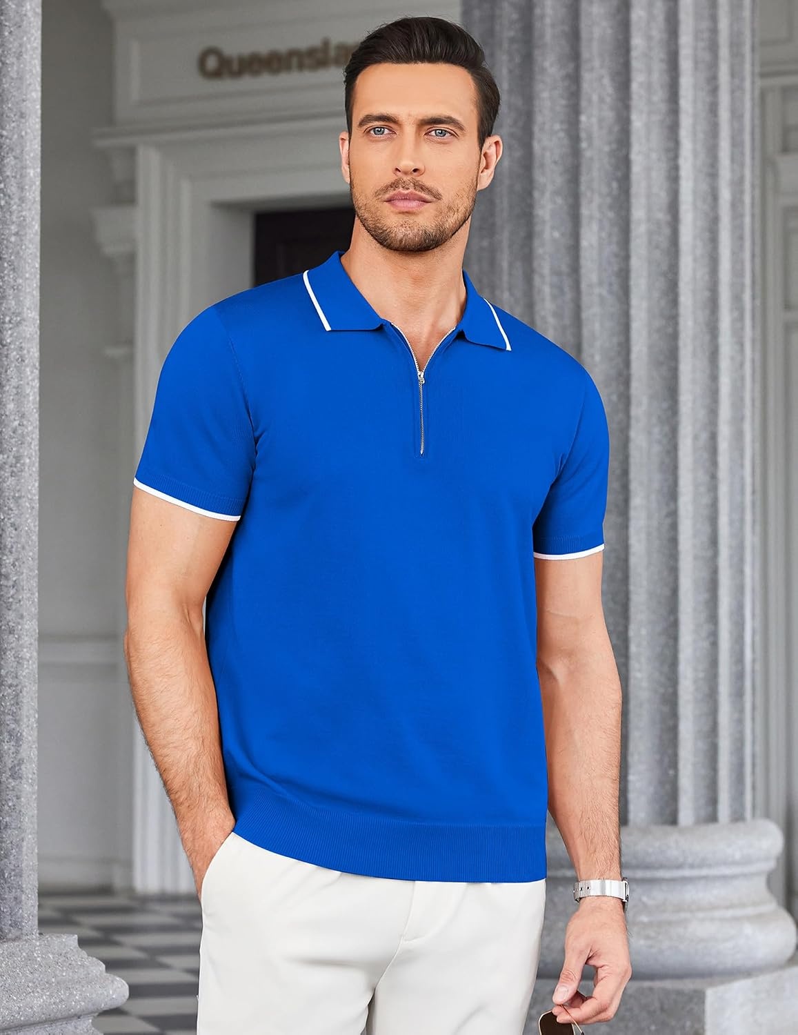 image:imageCOOFANDY Mens Zipper Polo Shirt Casual Knit Short Sleeve Polo Golf T ShirtRoyal Blue