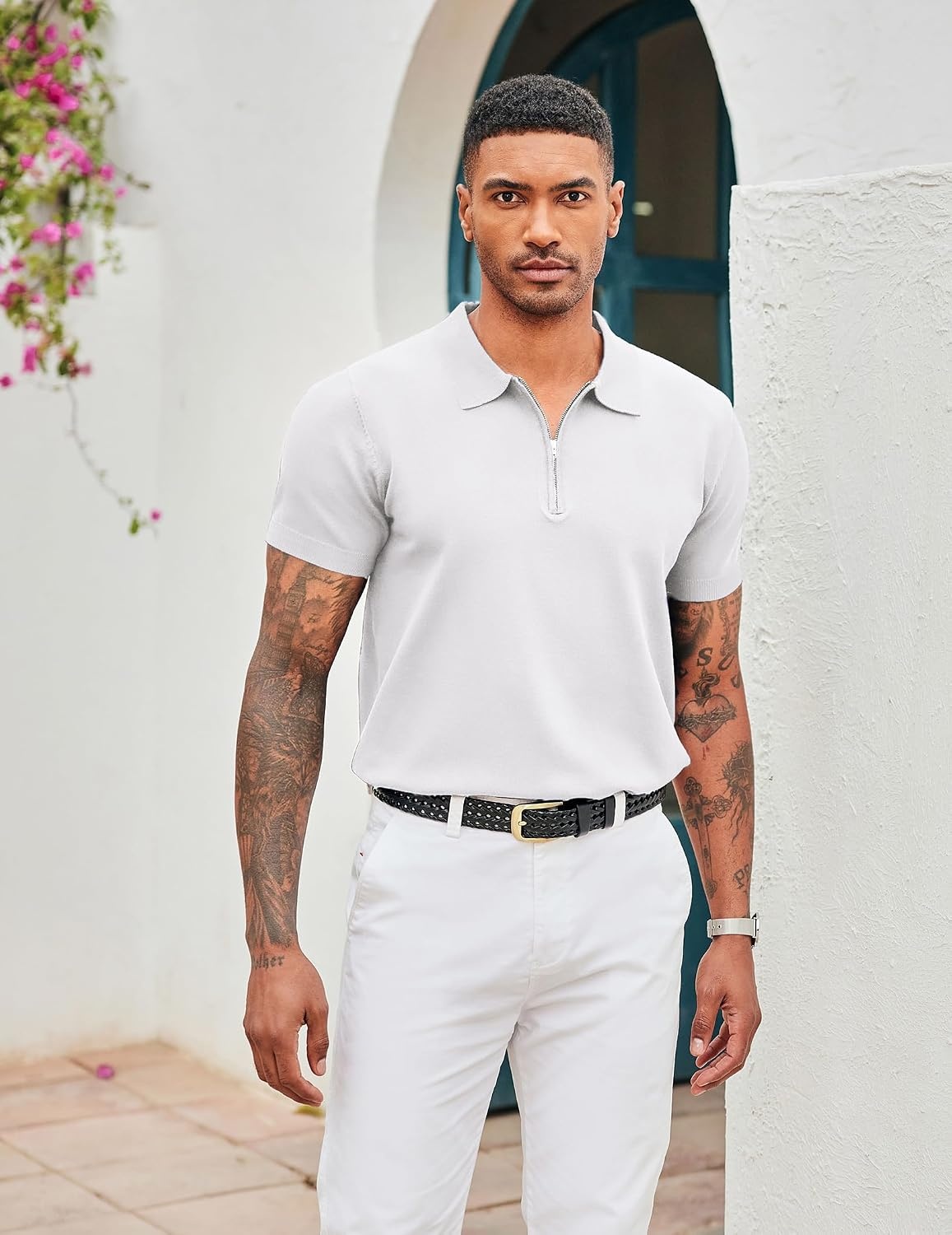 image:imageCOOFANDY Mens Zipper Polo Shirt Casual Knit Short Sleeve Polo Golf T ShirtSolid 01 White