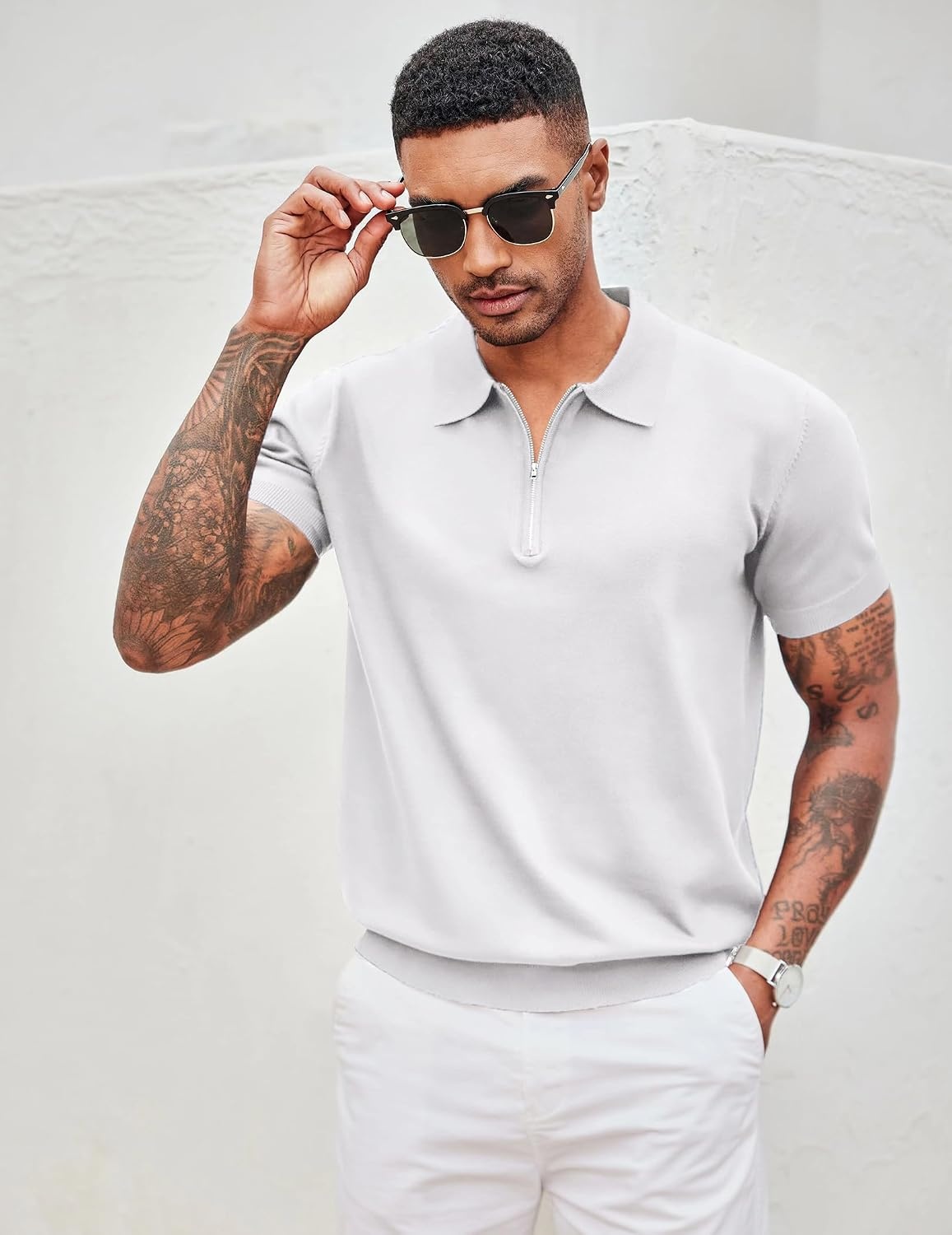 image:imageCOOFANDY Mens Zipper Polo Shirt Casual Knit Short Sleeve Polo Golf T ShirtSolid 01 White