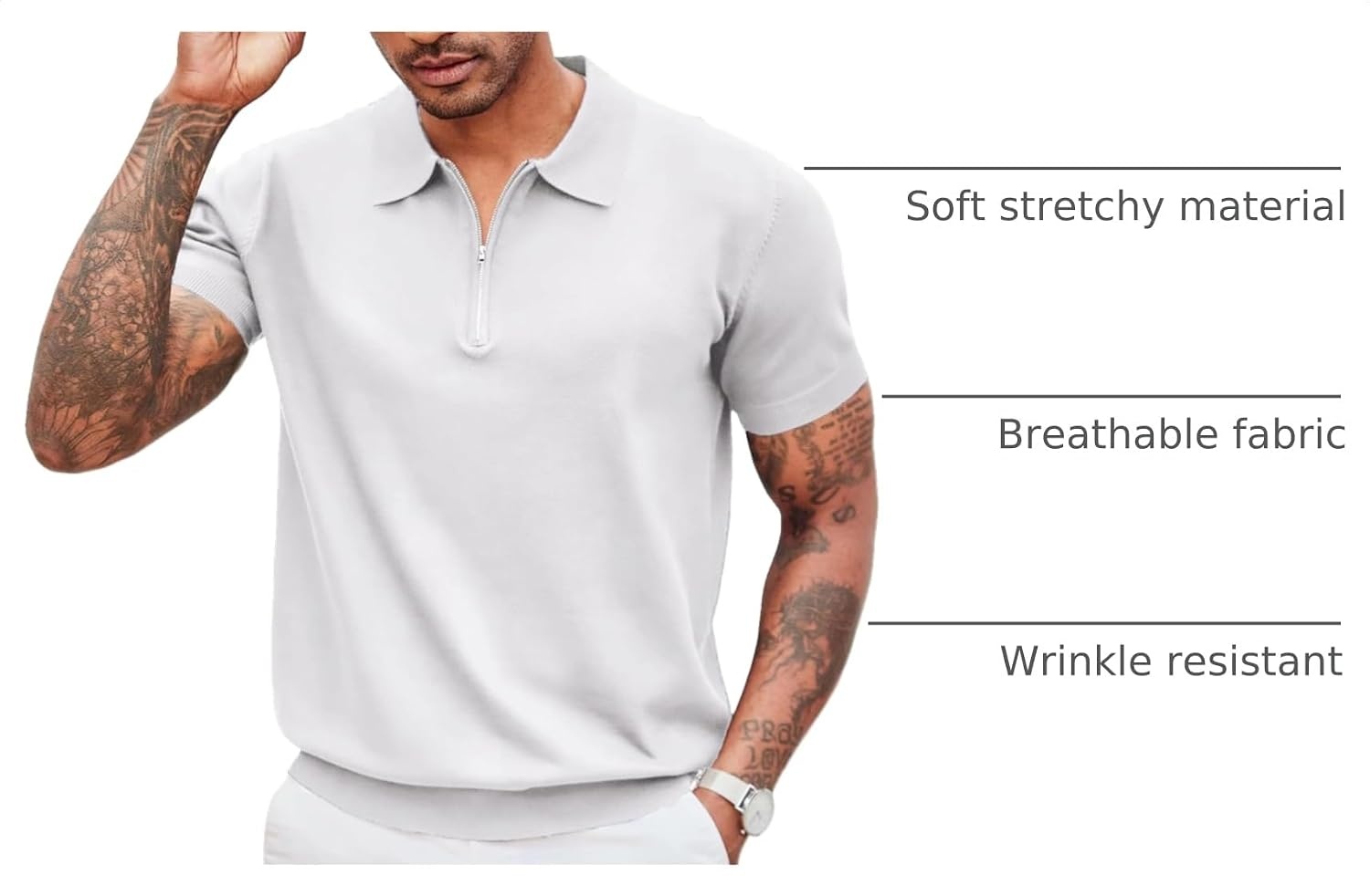 image:imageCOOFANDY Mens Zipper Polo Shirt Casual Knit Short Sleeve Polo Golf T ShirtSolid 01 White