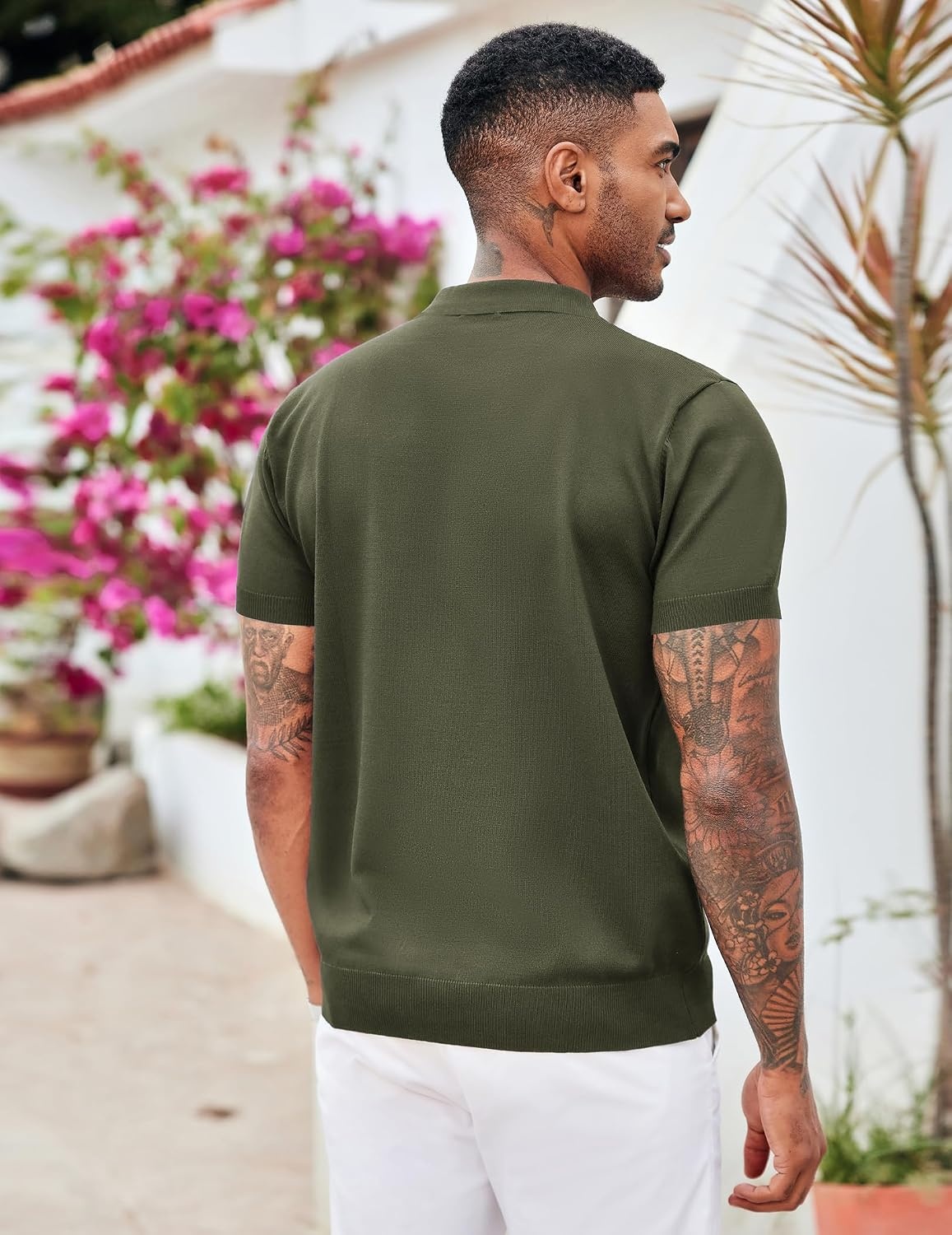 image:imageCOOFANDY Mens Zipper Polo Shirt Casual Knit Short Sleeve Polo Golf T ShirtSolid Army Green