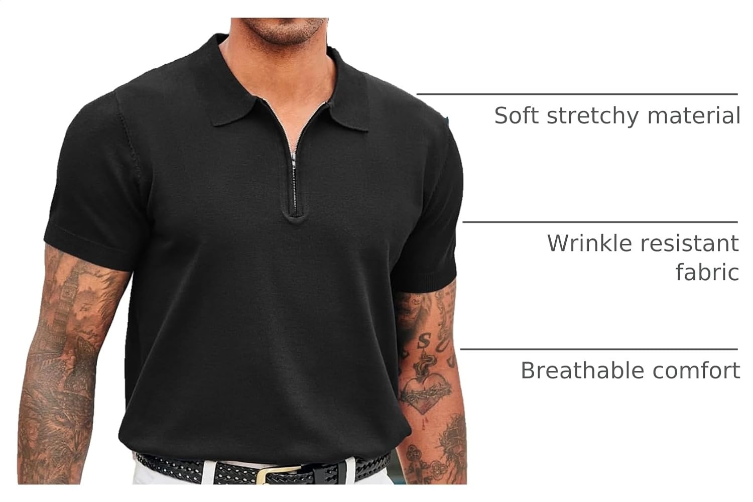 image:imageCOOFANDY Mens Zipper Polo Shirt Casual Knit Short Sleeve Polo Golf T ShirtSolid Black