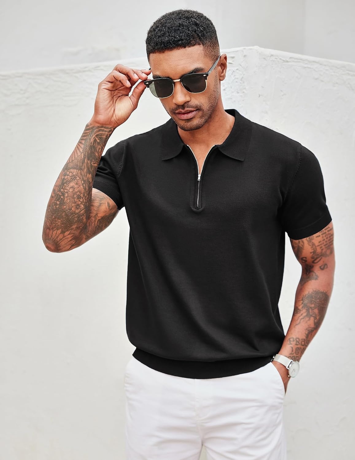 image:imageCOOFANDY Mens Zipper Polo Shirt Casual Knit Short Sleeve Polo Golf T ShirtSolid Black