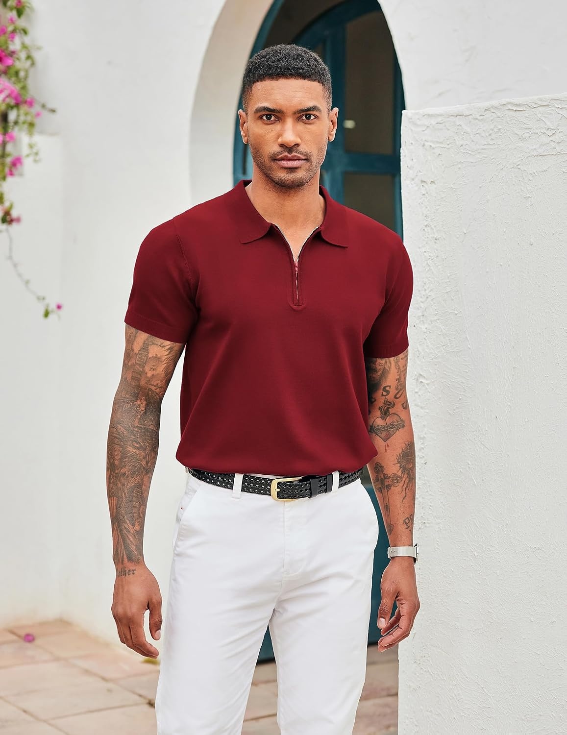image:imageCOOFANDY Mens Zipper Polo Shirt Casual Knit Short Sleeve Polo Golf T ShirtSolid Wine Red
