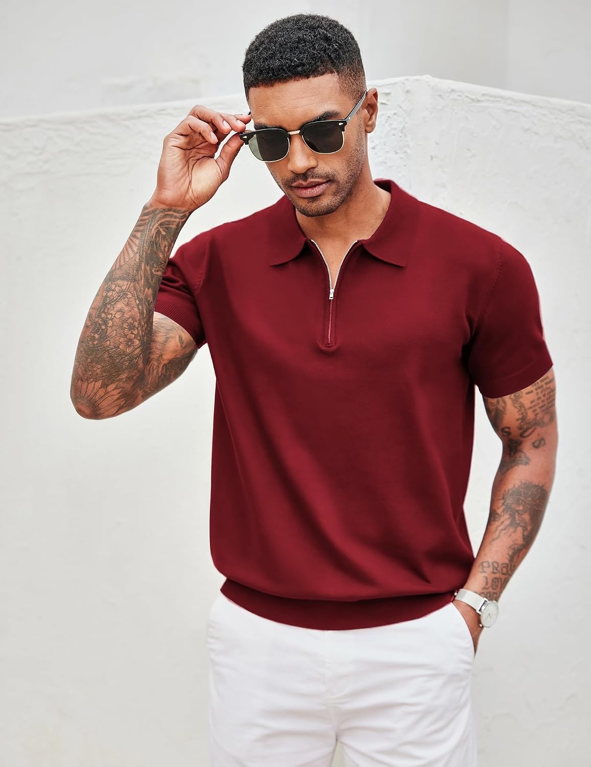 image:imageCOOFANDY Mens Zipper Polo Shirt Casual Knit Short Sleeve Polo Golf T ShirtSolid Wine Red
