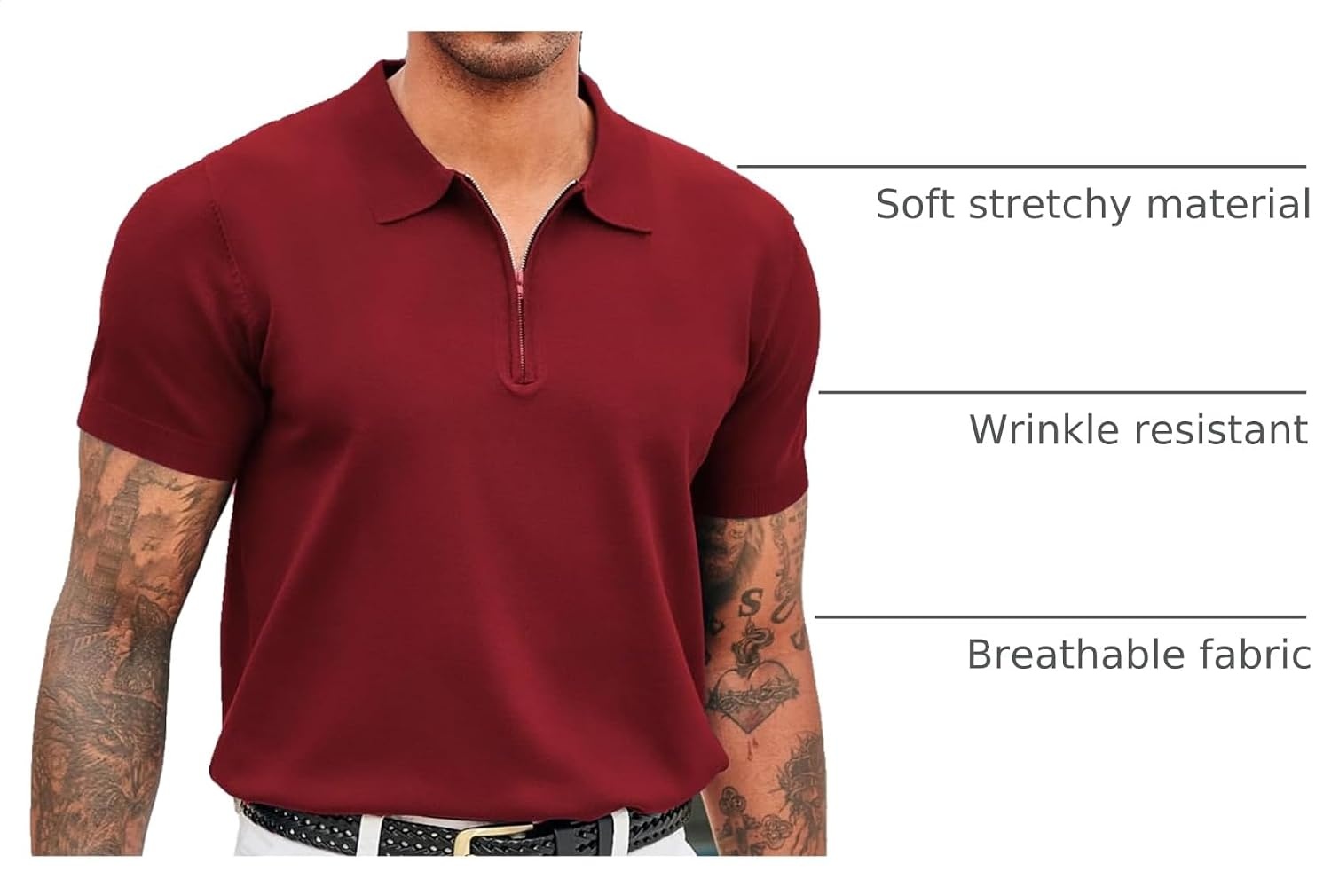 image:imageCOOFANDY Mens Zipper Polo Shirt Casual Knit Short Sleeve Polo Golf T ShirtSolid Wine Red