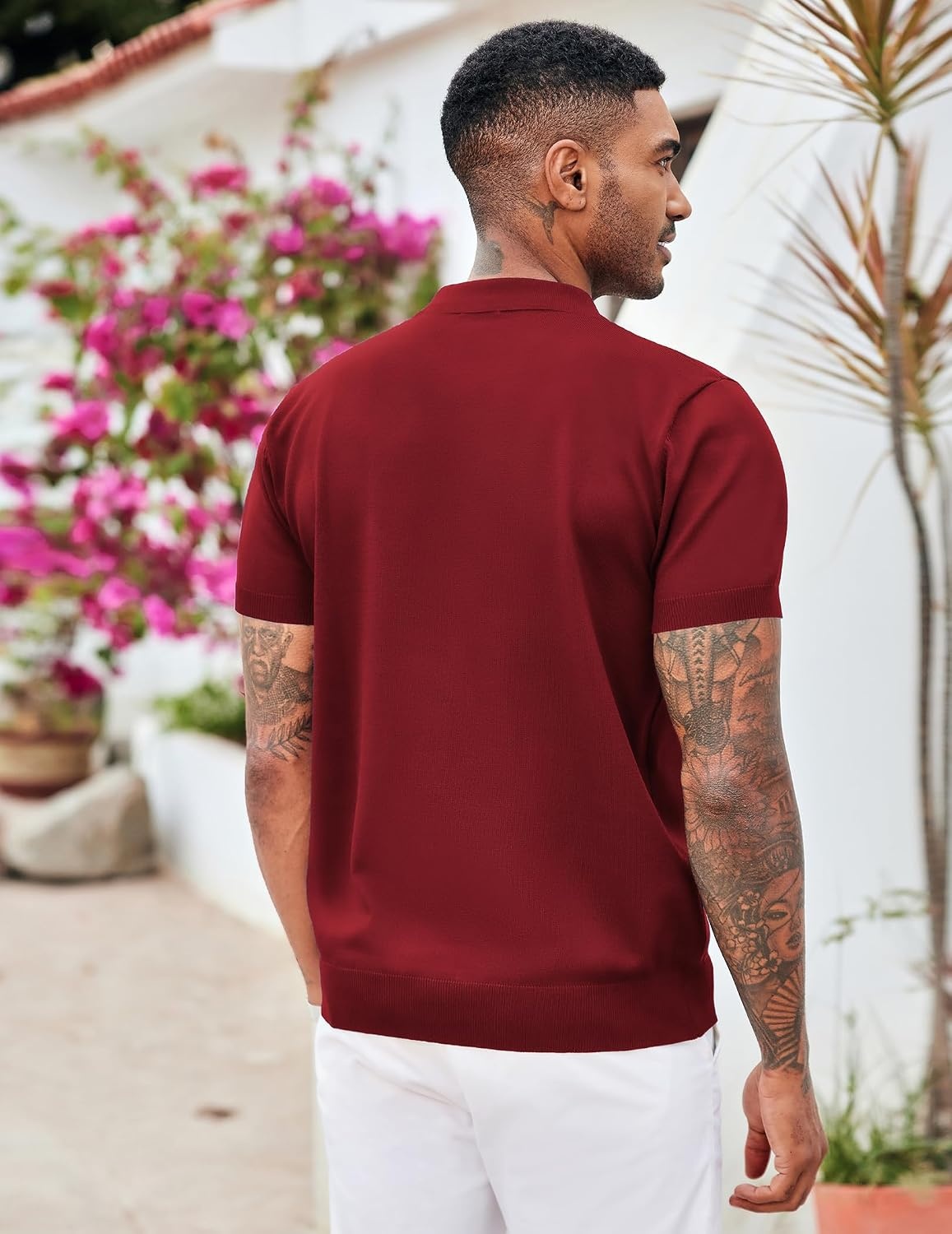 image:imageCOOFANDY Mens Zipper Polo Shirt Casual Knit Short Sleeve Polo Golf T ShirtSolid Wine Red